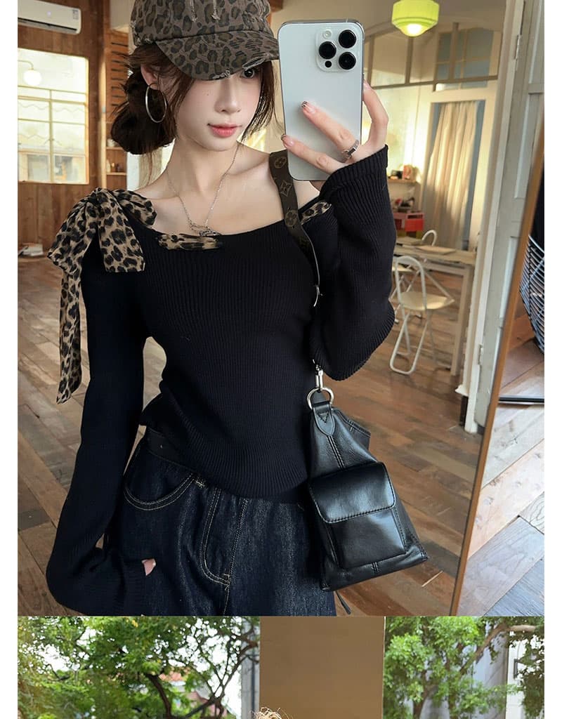 좋은 원단 품격 디자인 센스 레오파드 무늬 레이스업 비스듬한 어깨 긴팔 맨위 이른 가을 슬림해 보이는 오프숄더 맨위 상세 이미지 7