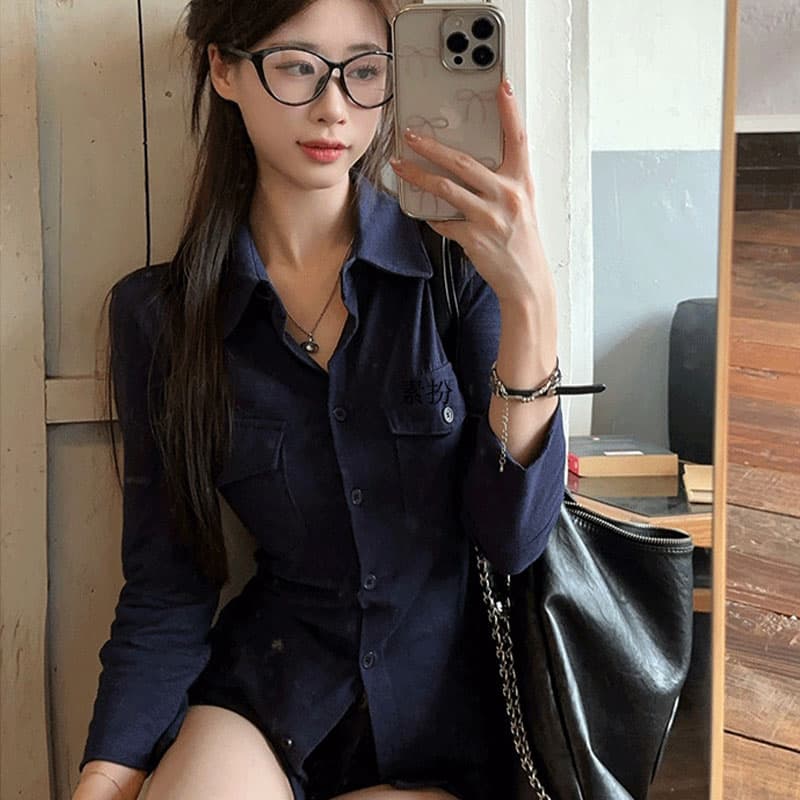 원본 대나무 마디 원단 느낌 긍정적 인 폴로 칼라 긴팔 카디건 코트 기본 셔츠 핫걸 몸매 가꾸기 슬림해 보이는 맨위 이미지 5