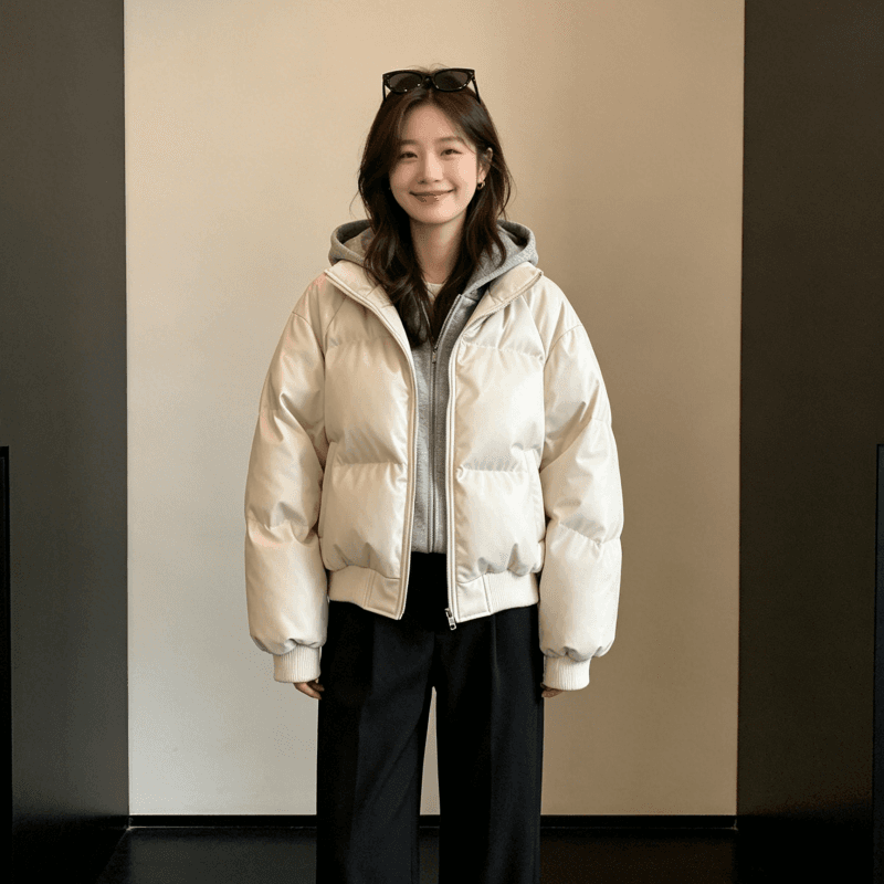 한국 스타일 후드티 후드 페이크 레이어드 면 의류 가죽 재킷 학생 패딩 재킷 배색 후드 아래 면화 의류 여성 재킷 상세 이미지 3
