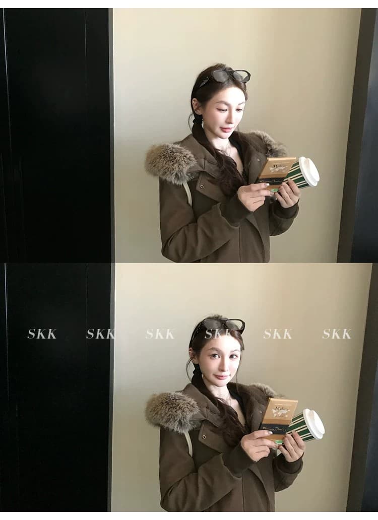 2026 새로운 슈퍼 잘 생긴 후드 큰 모피 칼라 문 襟 아래 면화 의류 스웨이드 오토바이 서비스 보온 여성 코트 상세 이미지 43