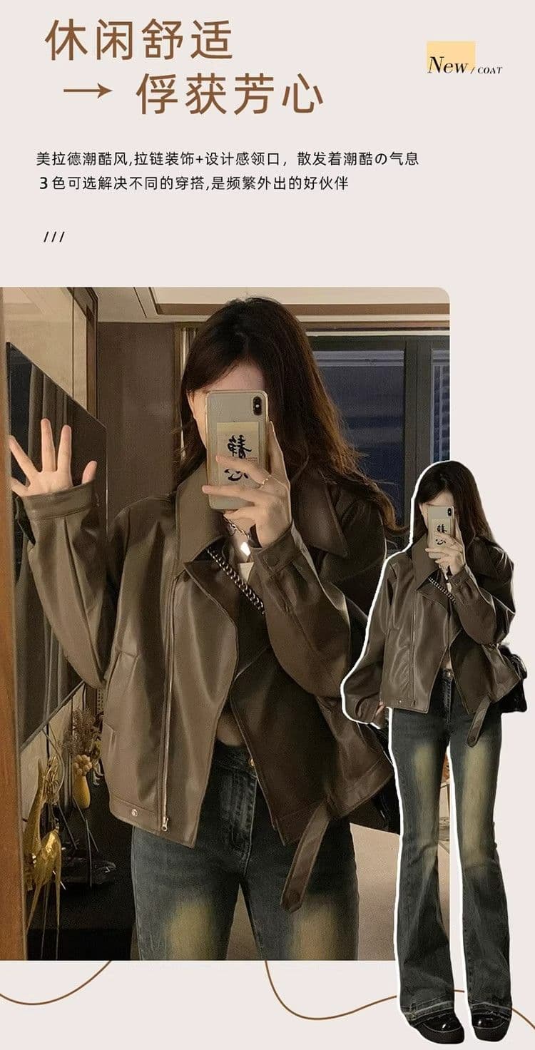 레트로 가죽 재킷 재킷 여성 짧은 2026 가을 새로운 폴로 칼라 유럽 상품 작은 키 pu 오토바이 작은 가죽 자켓 트렌디 상세 이미지 5