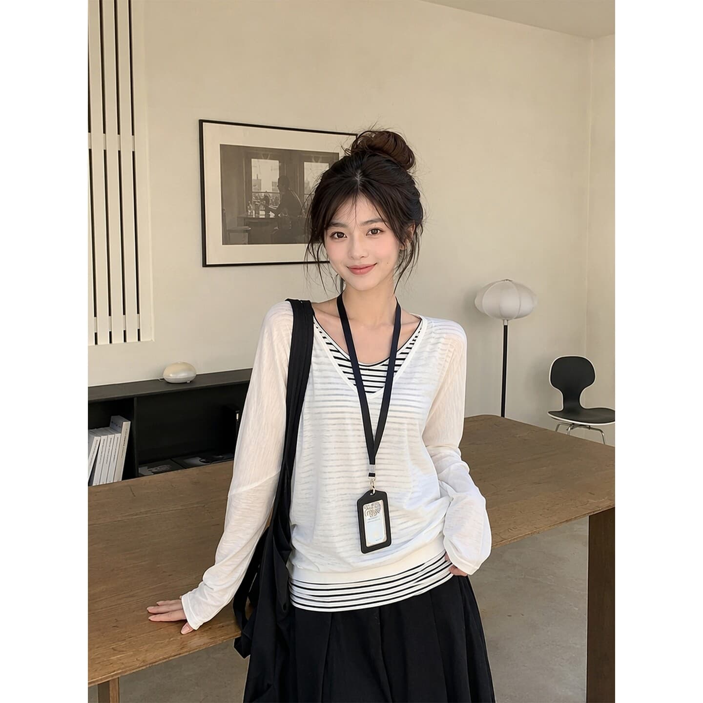 원본 품질 눈꽃 면 스트라이프 페이크 레이어드 긴팔 티셔츠 가을 빅 사이즈 루즈핏 느긋한 바람 블라우스 맨위 이미지 3