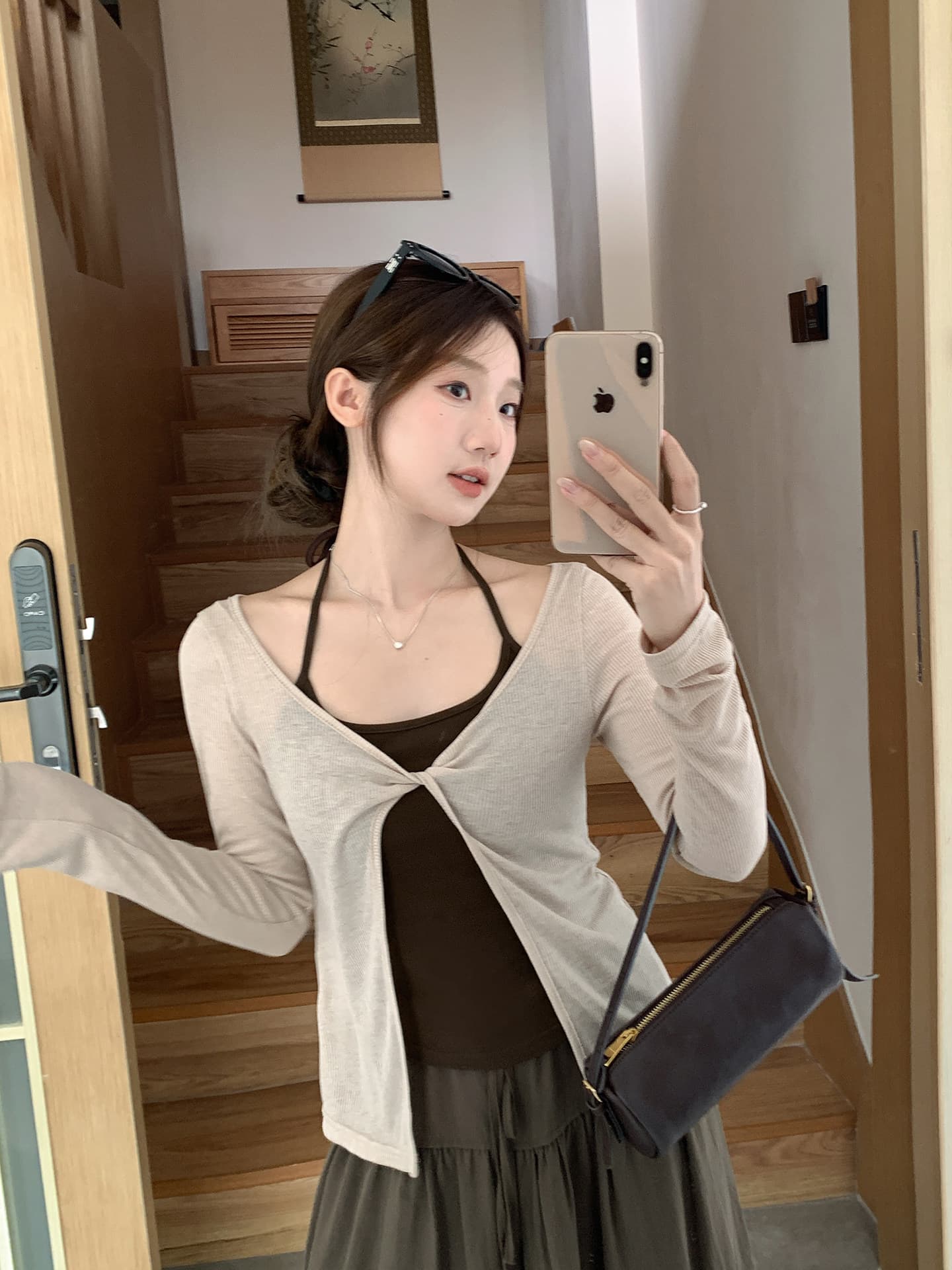 원본 품질 주간 실크 경기 260 그램 사람들 면 행침 목 조끼 비틀림 긴팔 블라우스 맨위 투피스 세트 상세 이미지 2