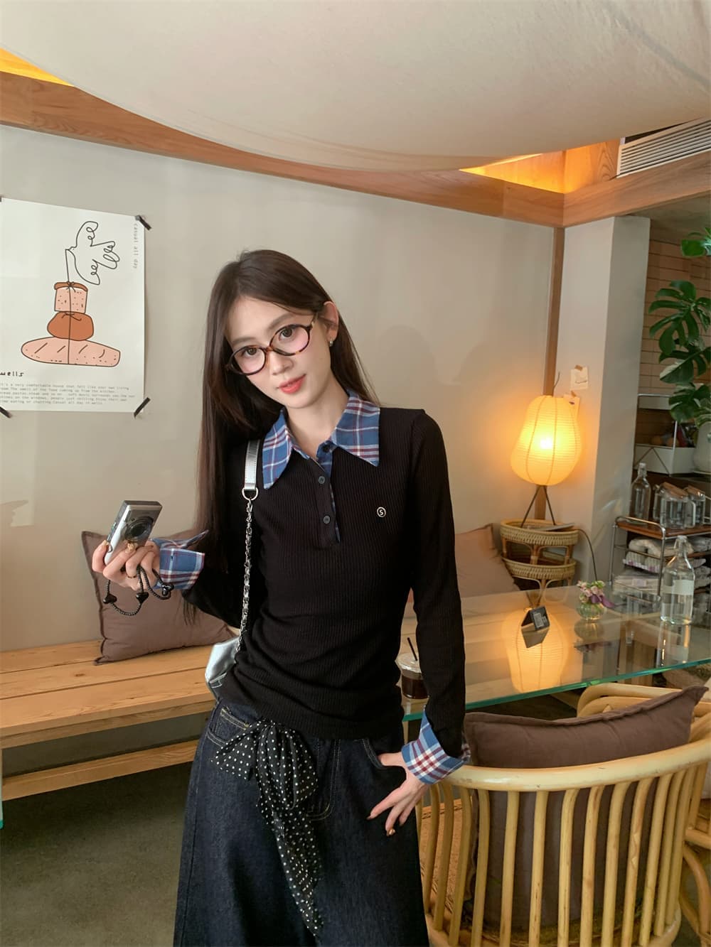 원본 원단 작은 대중 페이크 레이어드 배색 POLO 칼라 긴팔 티셔츠 이른 가을 핫걸 몸매 가꾸기 슬림해 보이는 맨위 상세 이미지 3
