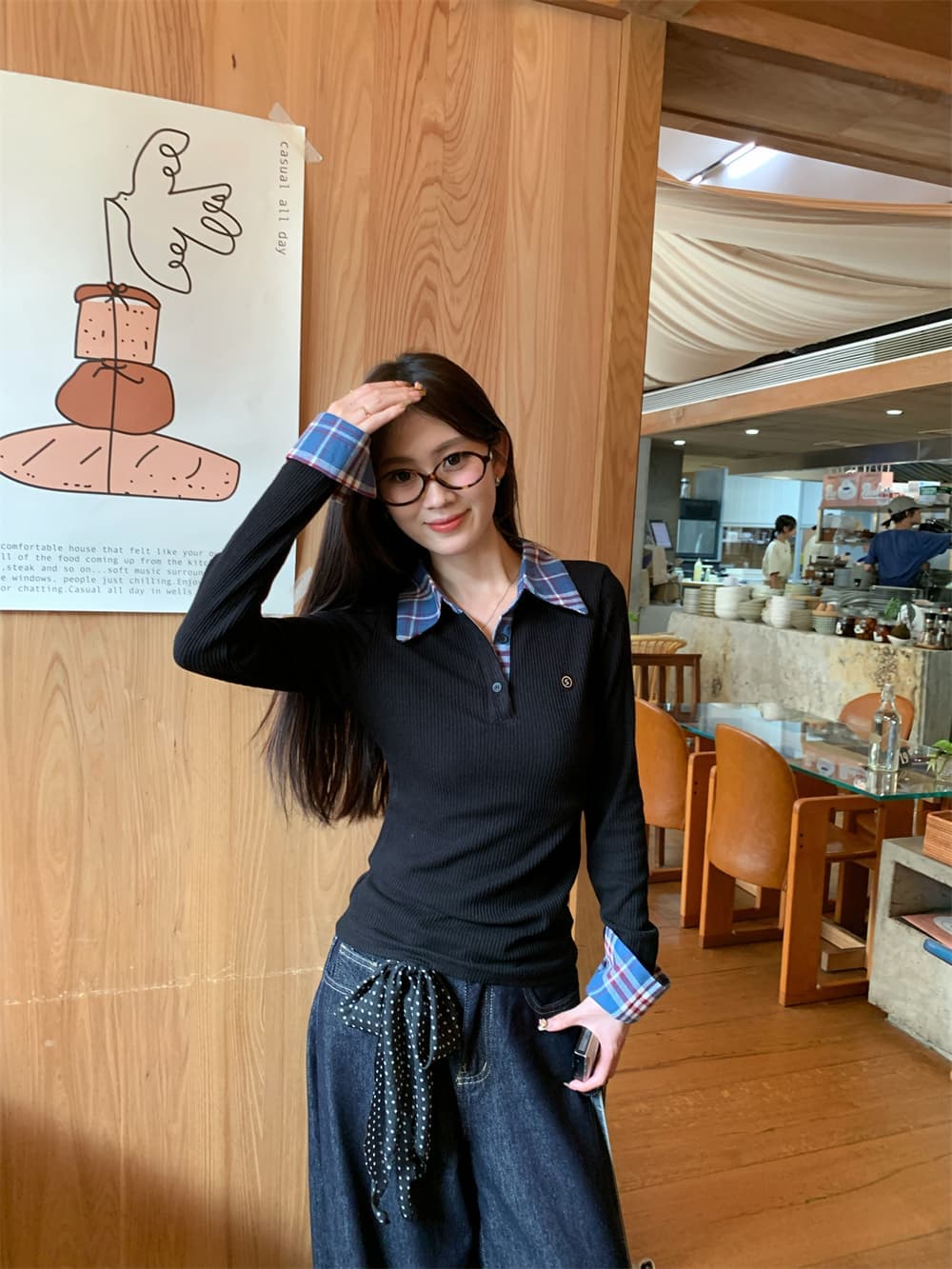 원본 원단 작은 대중 페이크 레이어드 배색 POLO 칼라 긴팔 티셔츠 이른 가을 핫걸 몸매 가꾸기 슬림해 보이는 맨위 상세 이미지 15
