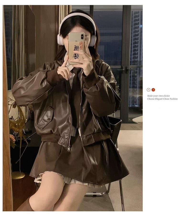 가을 겨울철 디자인 센스 셔츠 패치워크 가죽 재킷 재킷 재킷 표지 고기 슬림해 보이는 플리츠 반신 스커트 투피스 세트 세트 상세 이미지 11