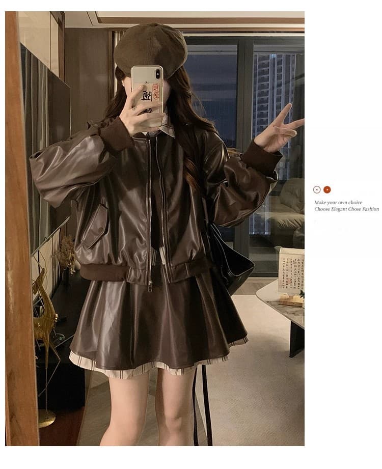 가을 겨울철 디자인 센스 셔츠 패치워크 가죽 재킷 재킷 재킷 표지 고기 슬림해 보이는 플리츠 반신 스커트 투피스 세트 세트 상세 이미지 17