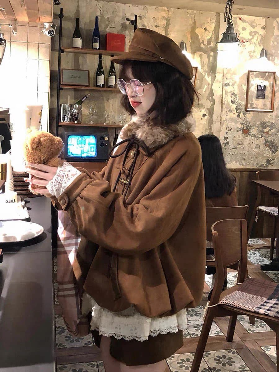 나비 매듭 모피 칼라 2026 겨울 새로운 아래 면화 의류 여성 솜을 넣은 보온 레트로 학원 스타일 루즈핏 꽃밭 재킷 상세 이미지 4
