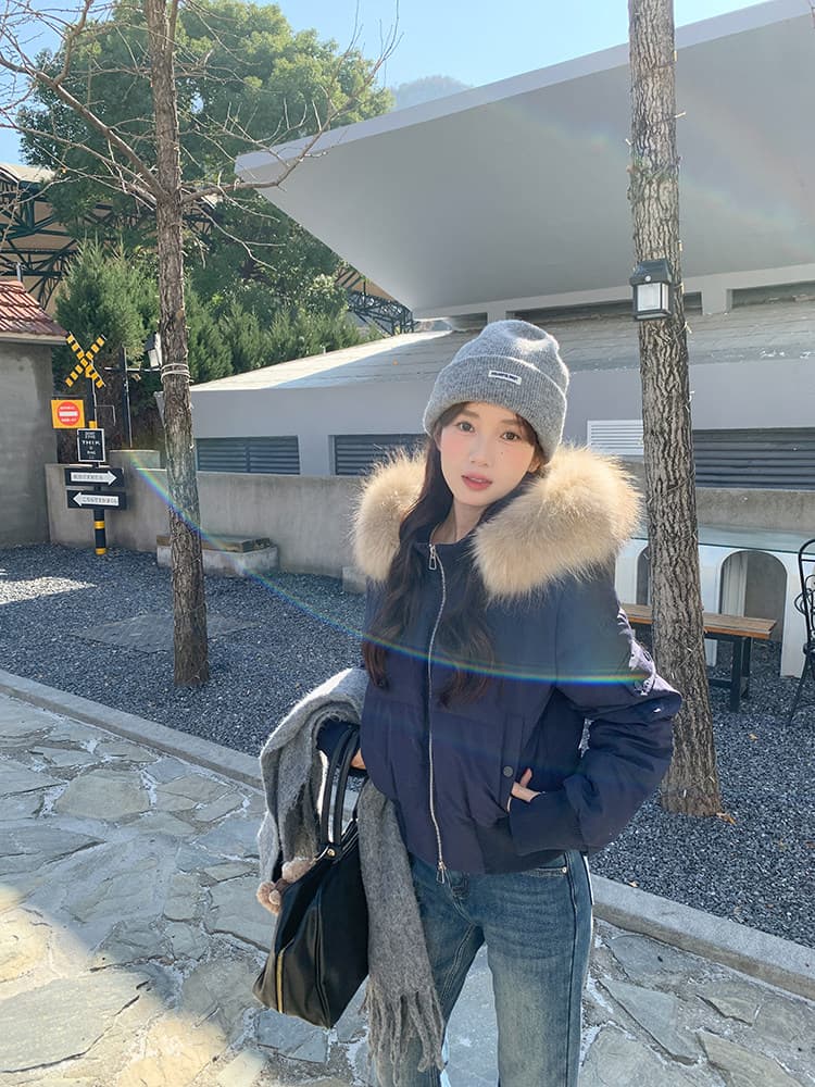 작은 마을 산산 눈 반사하다 阑珊 시뮬레이션 전갈 모피 칼라 면 의류 여성 겨울 방풍 쇼트 스타일 후드 작은 키 재킷 이미지 2