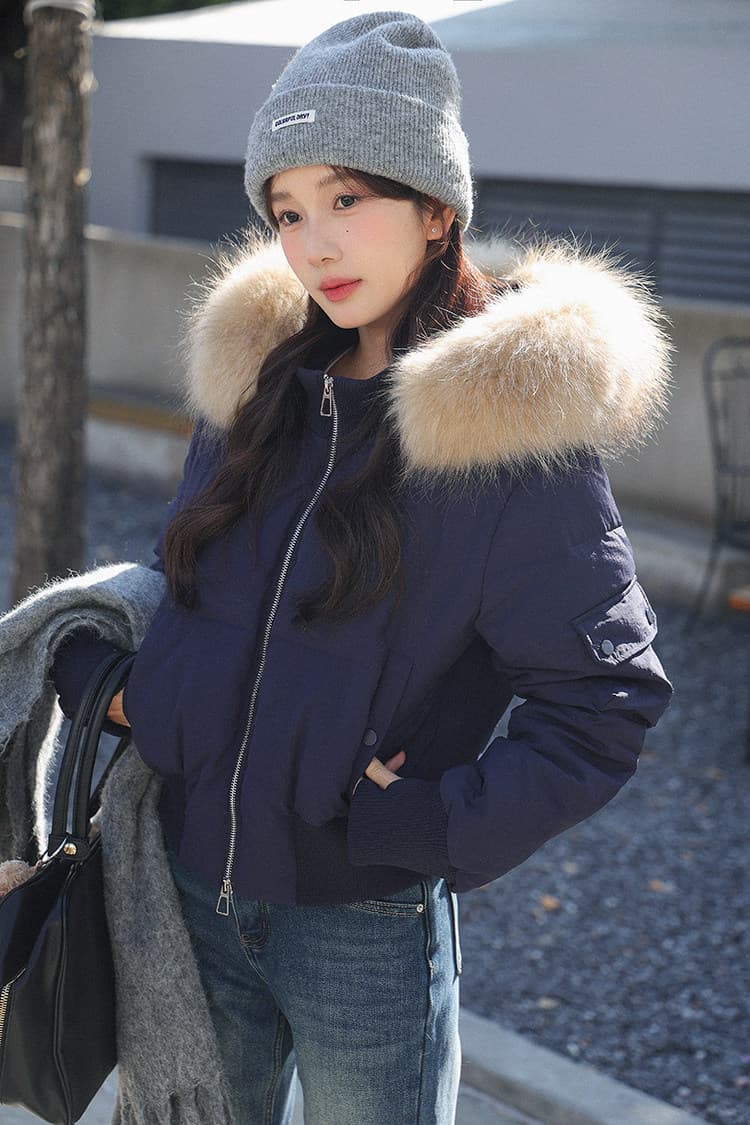 작은 마을 산산 눈 반사하다 阑珊 시뮬레이션 전갈 모피 칼라 면 의류 여성 겨울 방풍 쇼트 스타일 후드 작은 키 재킷 상세 이미지 43