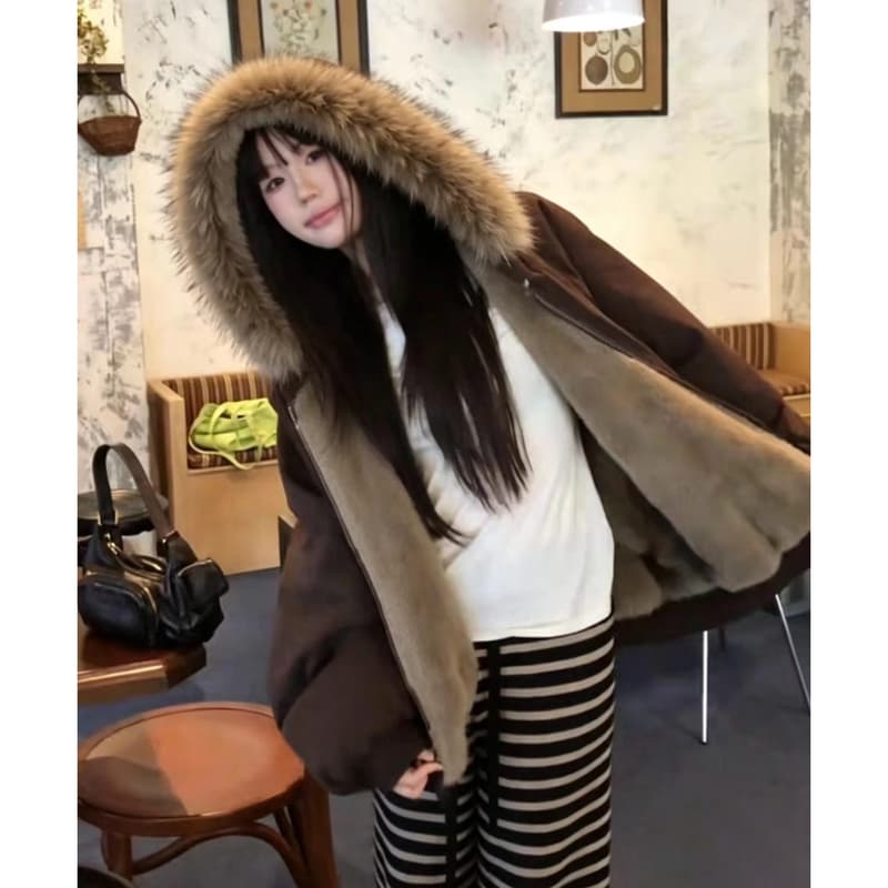 2026 겨울 새로운 큰 모피 칼라 양면 착용 한 부서 여성 짧은 Parker 서비스 루즈핏 느긋한 센스 모피 면 의류 재킷