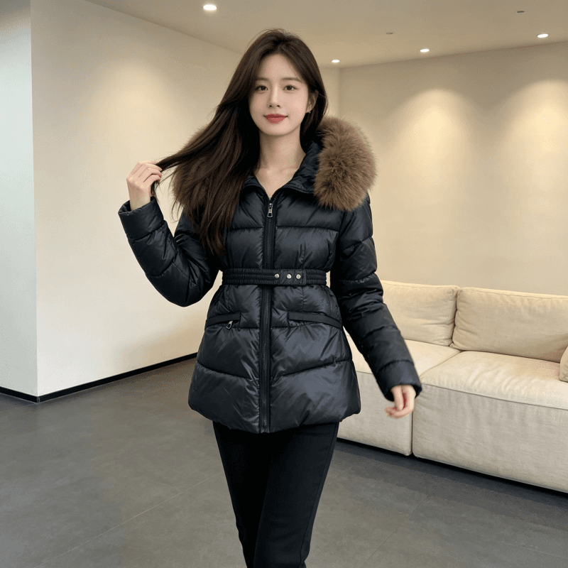 큰 모피 칼라 품격 폴로 칼라 허리 수축 슬림해 보이는 작은 키 연령 감소 면 의류 여성 코트 두꺼운 보온 루즈핏 빅 사이즈 트렌디 상세 이미지 5