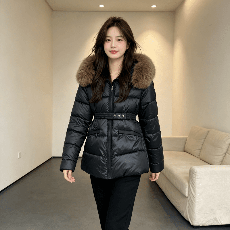 큰 모피 칼라 품격 폴로 칼라 허리 수축 슬림해 보이는 작은 키 연령 감소 면 의류 여성 코트 두꺼운 보온 루즈핏 빅 사이즈 트렌디 상세 이미지 8