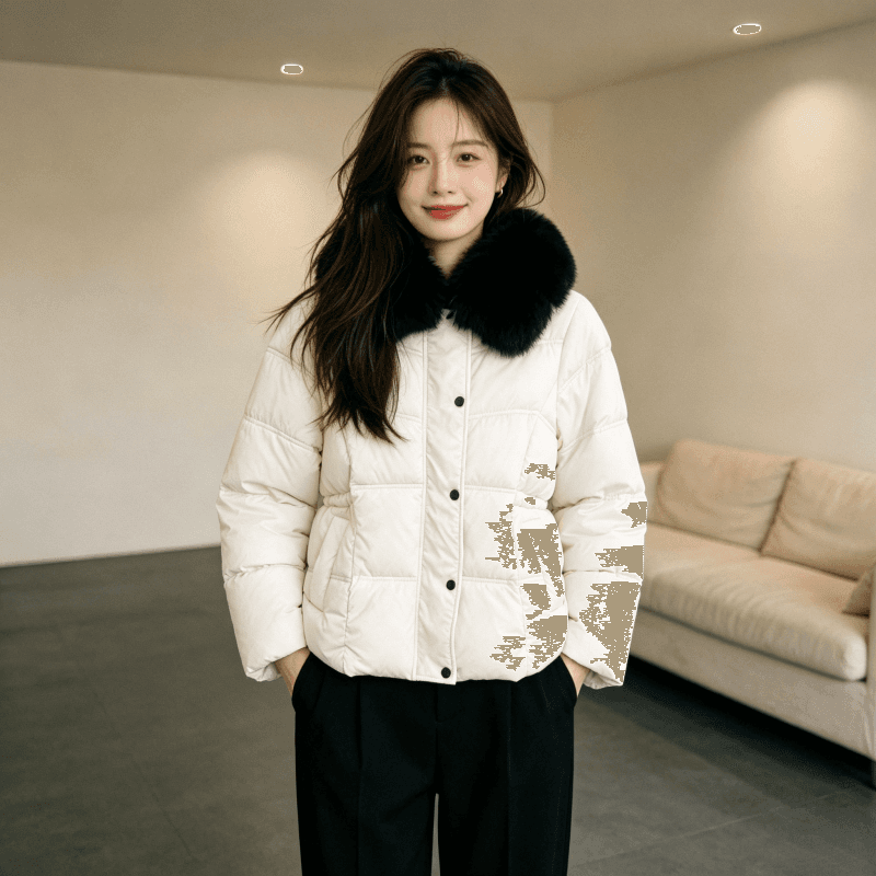 큰 모피 칼라 품격 폴로 칼라 허리 수축 슬림해 보이는 작은 키 연령 감소 면 의류 여성 코트 두꺼운 보온 루즈핏 빅 사이즈 트렌디 이미지 5