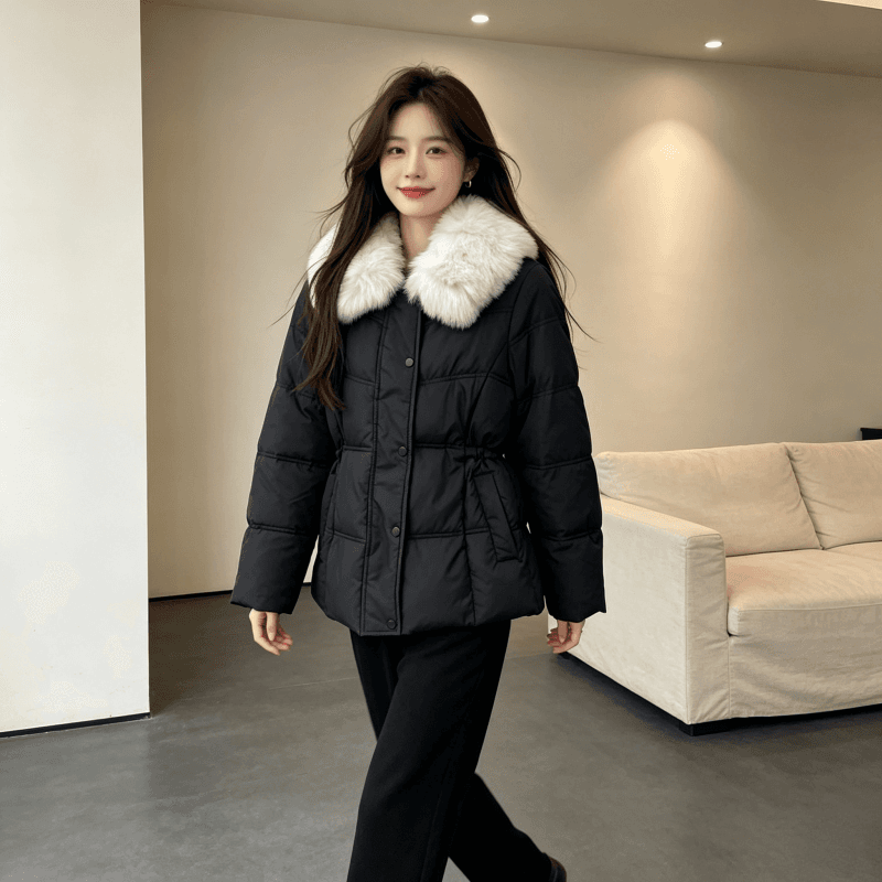 큰 모피 칼라 품격 폴로 칼라 허리 수축 슬림해 보이는 작은 키 연령 감소 면 의류 여성 코트 두꺼운 보온 루즈핏 빅 사이즈 트렌디 상세 이미지 5