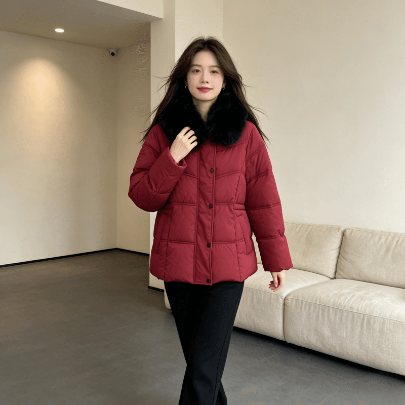 큰 모피 칼라 품격 폴로 칼라 허리 수축 슬림해 보이는 작은 키 연령 감소 면 의류 여성 코트 두꺼운 보온 루즈핏 빅 사이즈 트렌디 상세 이미지 12