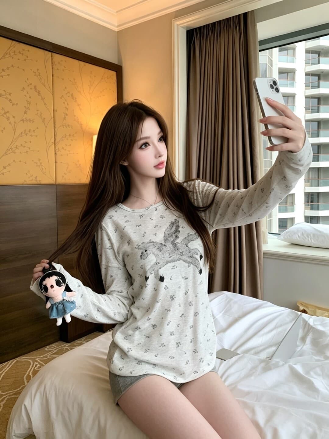 캡처 꿈 유니콘 전체 인쇄 작은 꽃무늬 구덩이 기사 질감 센스 캐주얼 라운드 넥 긴팔 티셔츠 상세 이미지 2