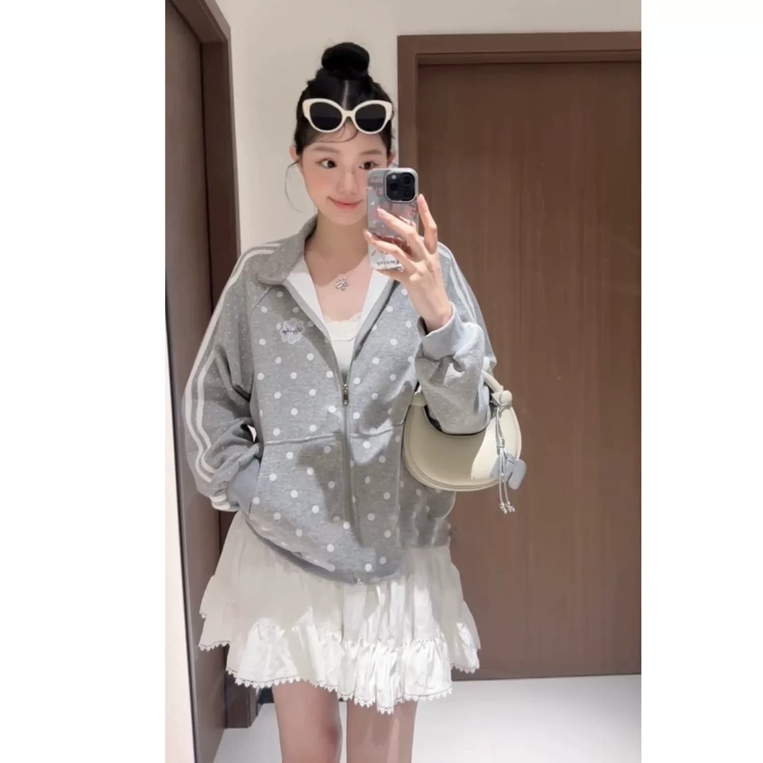 한 부서 도트 무늬 여성 코트 가을 새로운 oversize 작은 대중 스탠드 칼라 루즈핏 야구 유니폼 캐주얼 운동 재킷