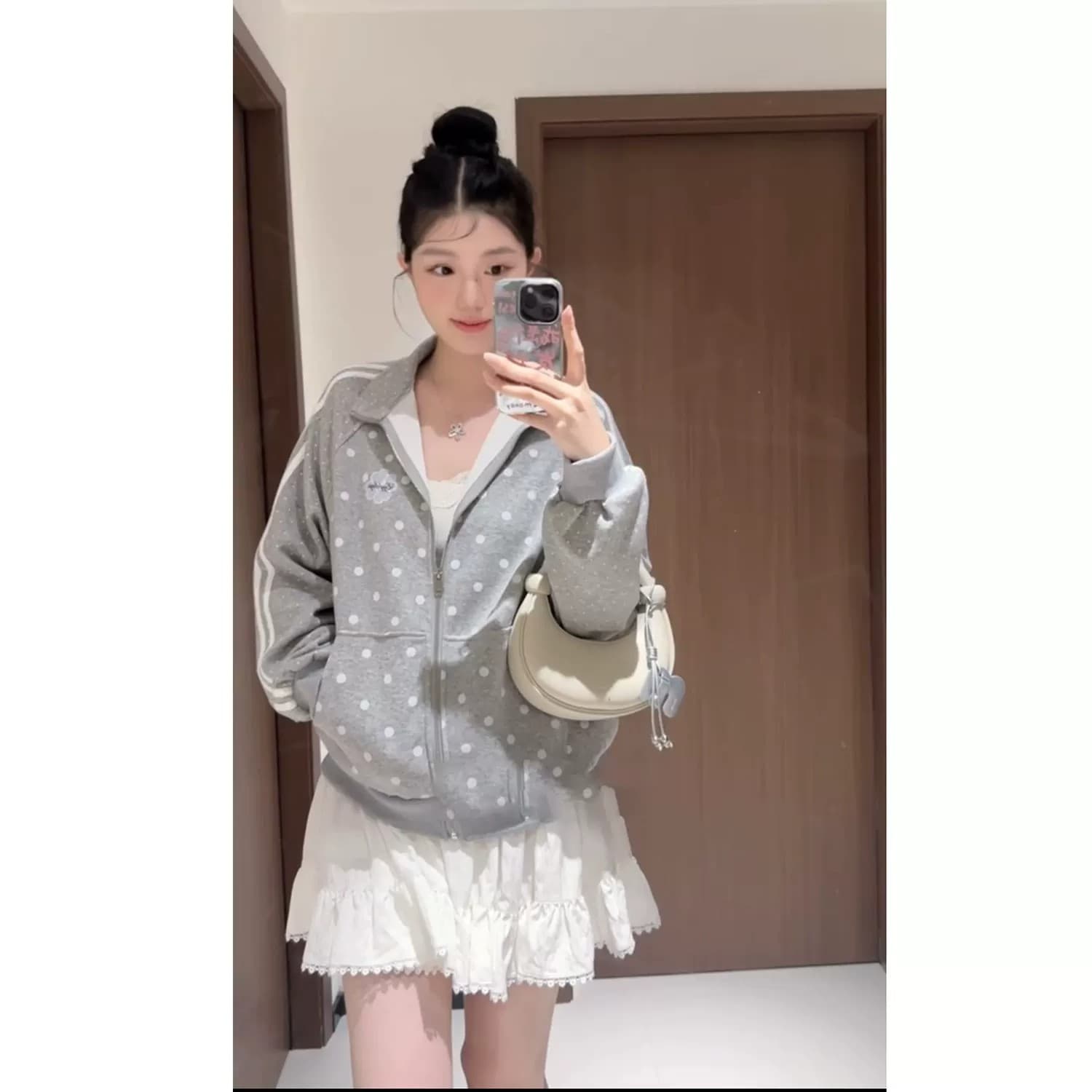 한 부서 도트 무늬 여성 코트 가을 새로운 oversize 작은 대중 스탠드 칼라 루즈핏 야구 유니폼 캐주얼 운동 재킷 상세 이미지 5