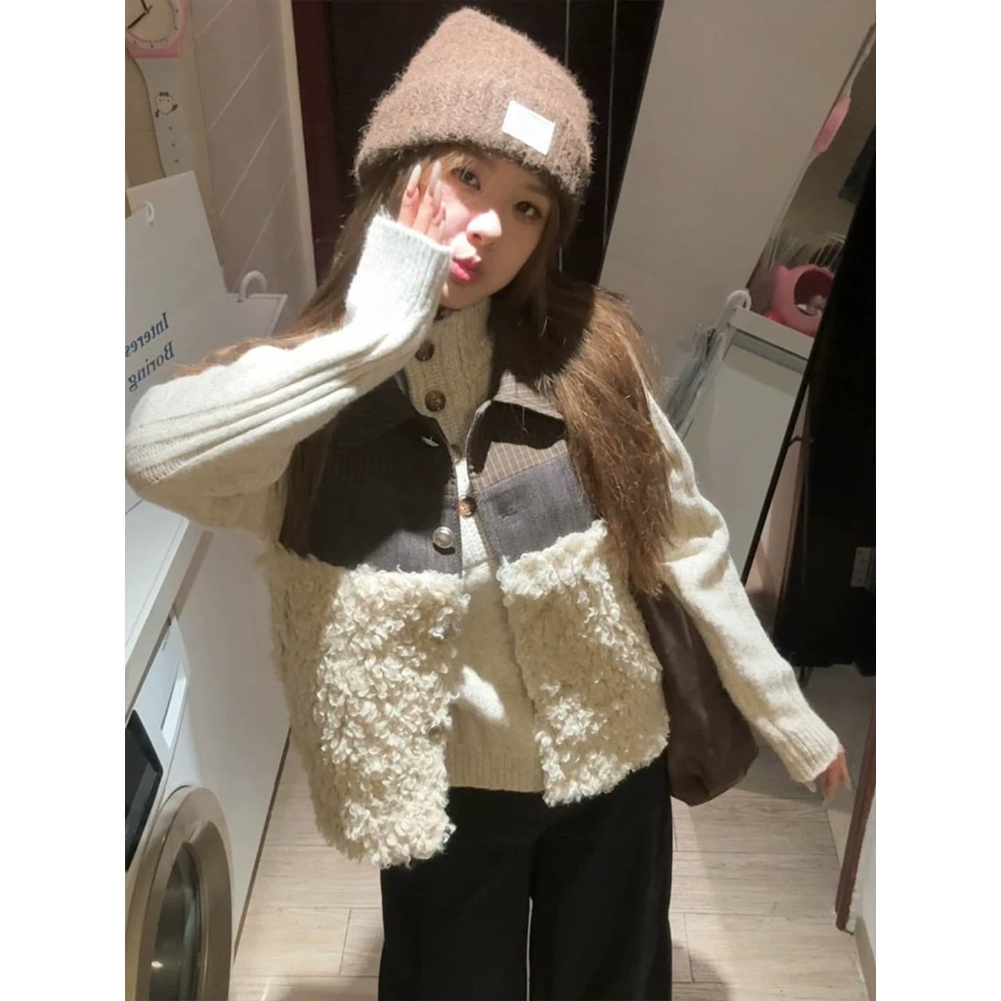 일본식 레트로 느긋한 바람 배색 털이 많은 스택 착용 조끼 조끼 여자 봄 가을 체크무늬 디자인 센스 민소매 재킷 상세 이미지 3