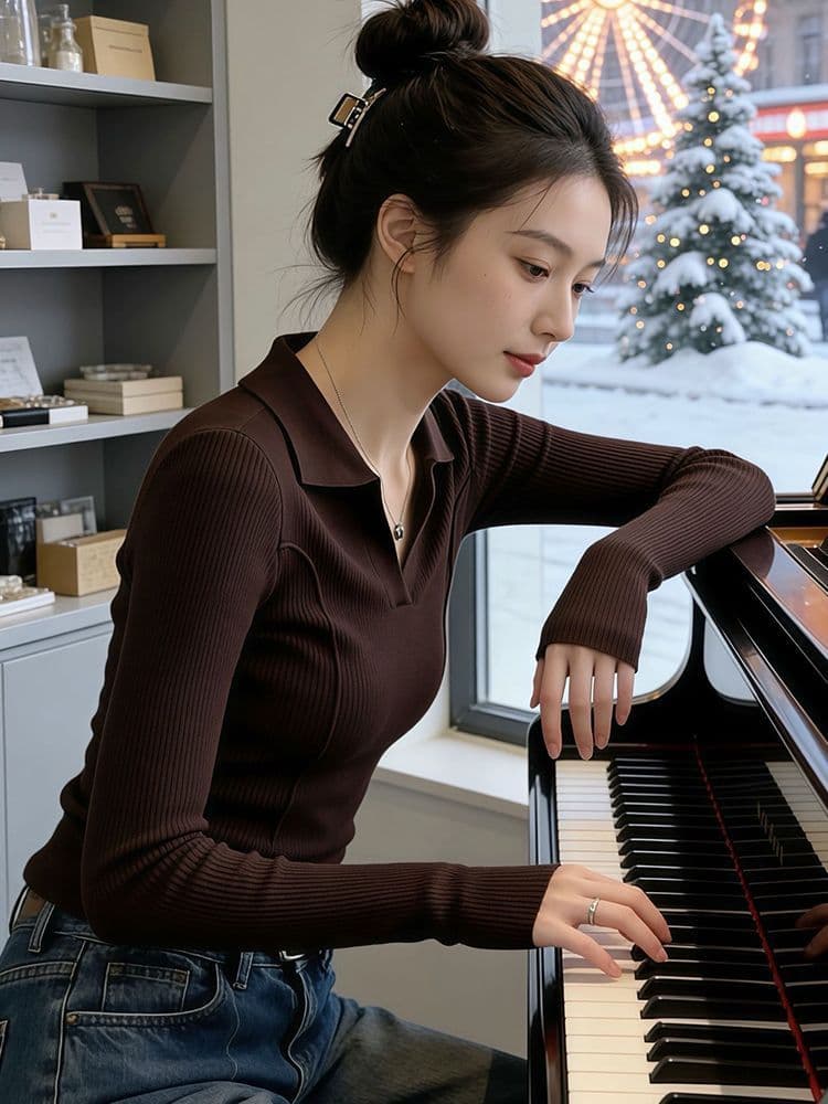 봄 가을 새로운 그레이트 과소 평가 요리 한 바람 맨위 고급 센스 고유 한 Chic 아름다운 슬림해 보이는 POLO 셔츠 긴팔 티셔츠 상세 이미지 4