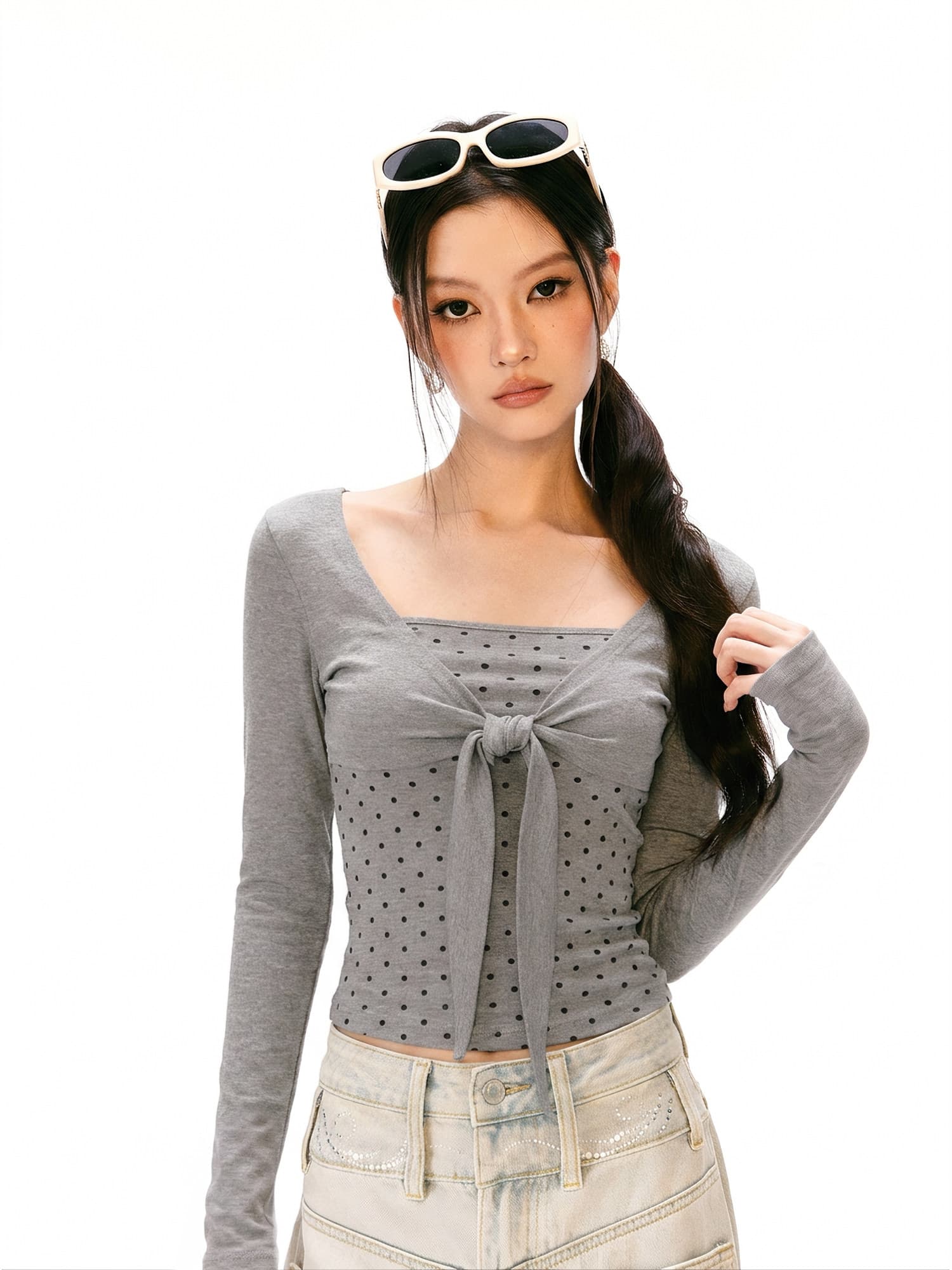 260 그램 사람들 면 복잡한 고대 칼라 긴팔 티셔츠 여성 가을 도트 무늬 페이크 레이어드 나비 매듭 스트랩 핫걸 짧은 맨위 상세 이미지 3