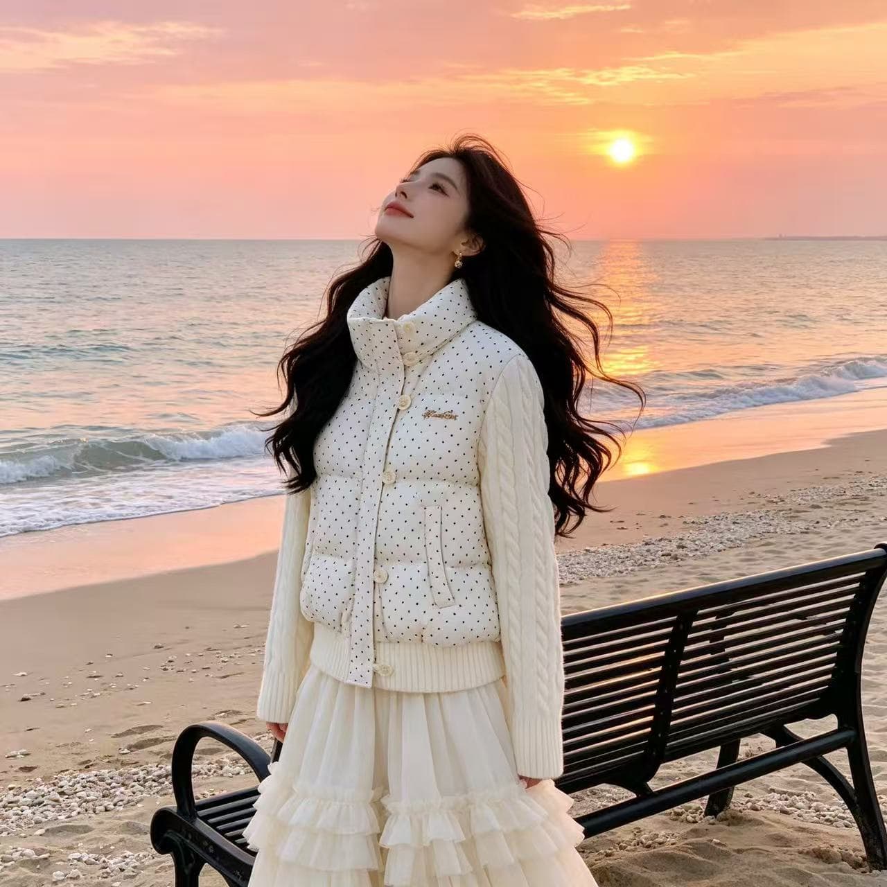 한 부서 달콤함 도트 무늬 니트 패치워크 긴팔 면 의류 여성 코트 겨울 새로운 루즈핏 두꺼운 쇼트 스타일 패딩 재킷 상세 이미지 1