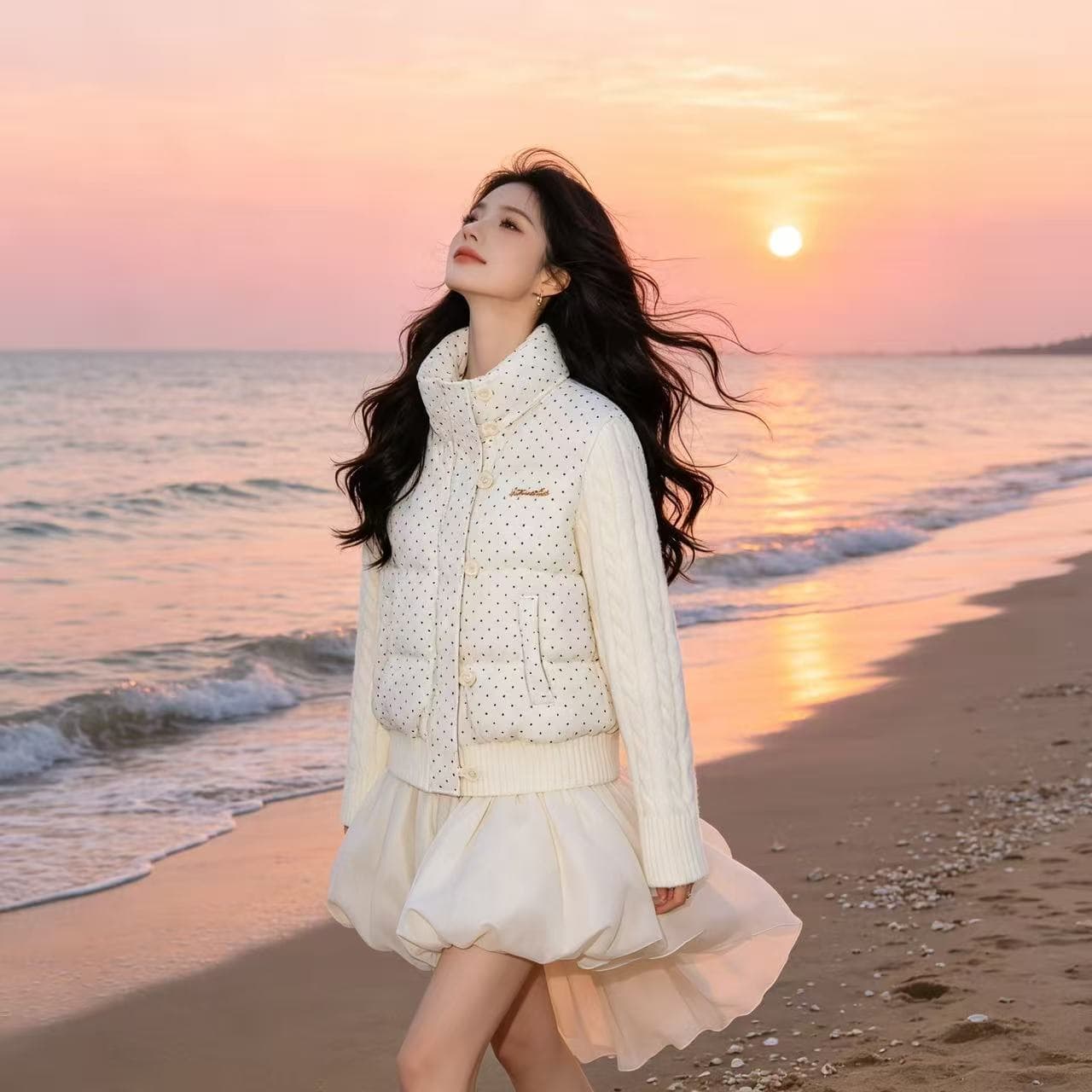 한 부서 달콤함 도트 무늬 니트 패치워크 긴팔 면 의류 여성 코트 겨울 새로운 루즈핏 두꺼운 쇼트 스타일 패딩 재킷 상세 이미지 2
