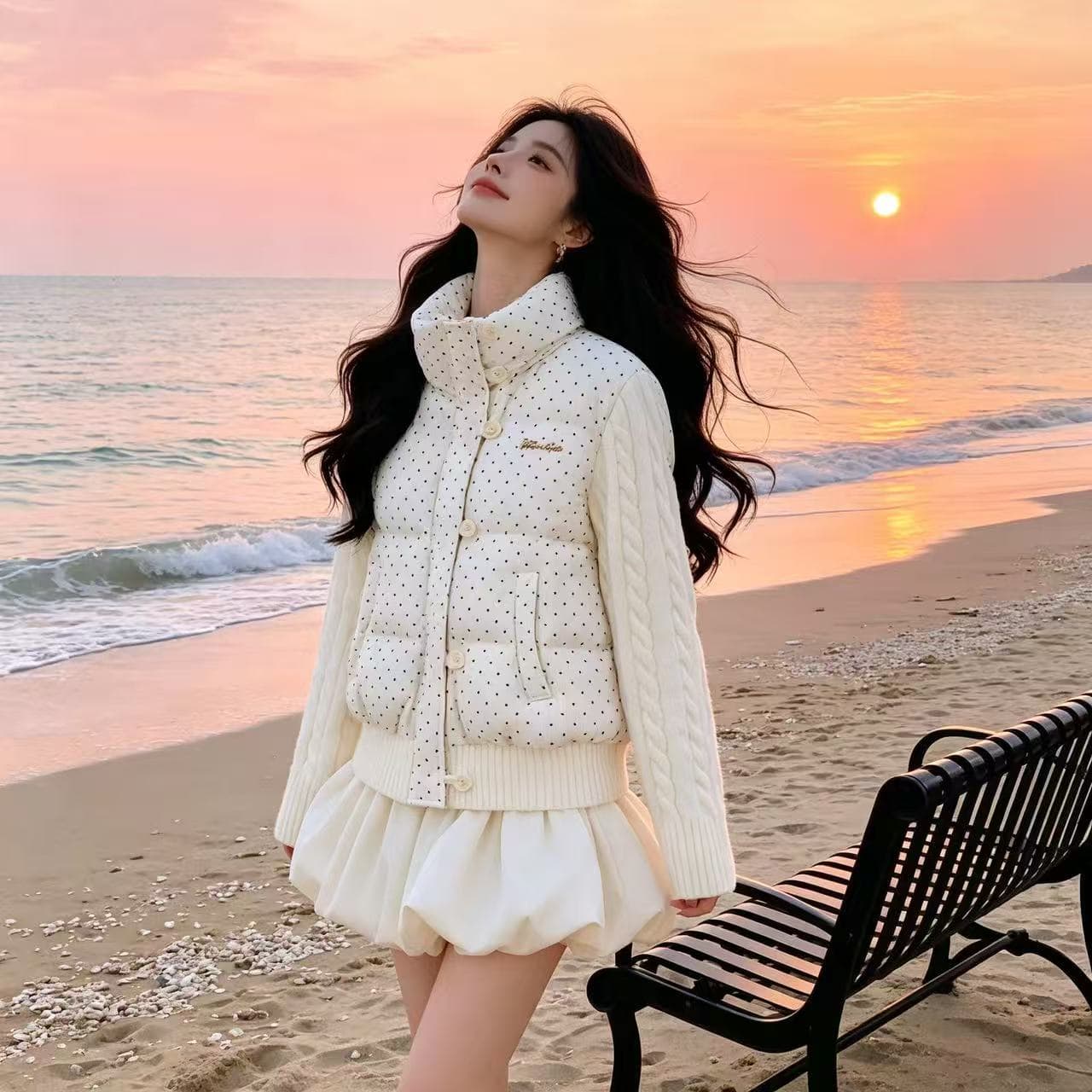 한 부서 달콤함 도트 무늬 니트 패치워크 긴팔 면 의류 여성 코트 겨울 새로운 루즈핏 두꺼운 쇼트 스타일 패딩 재킷 상세 이미지 4