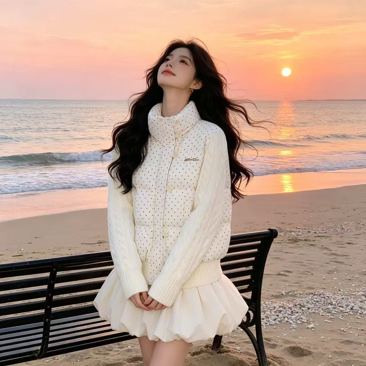 한 부서 달콤함 도트 무늬 니트 패치워크 긴팔 면 의류 여성 코트 겨울 새로운 루즈핏 두꺼운 쇼트 스타일 패딩 재킷 상세 이미지 5