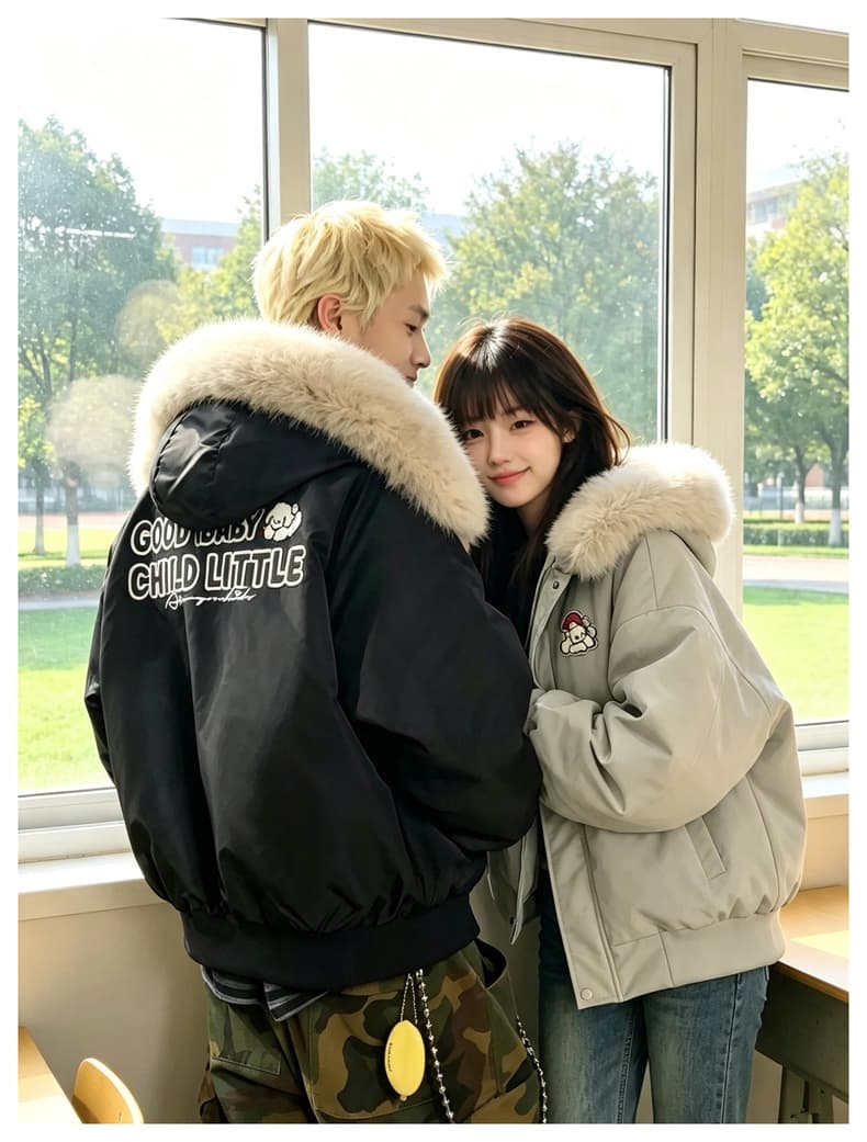 afgk x tombonia 합동 명칭 강아지 마술 막대기 모피 칼라 면 의류 남녀 가을 겨울 두꺼운 커플 Parker 서비스 상세 이미지 13