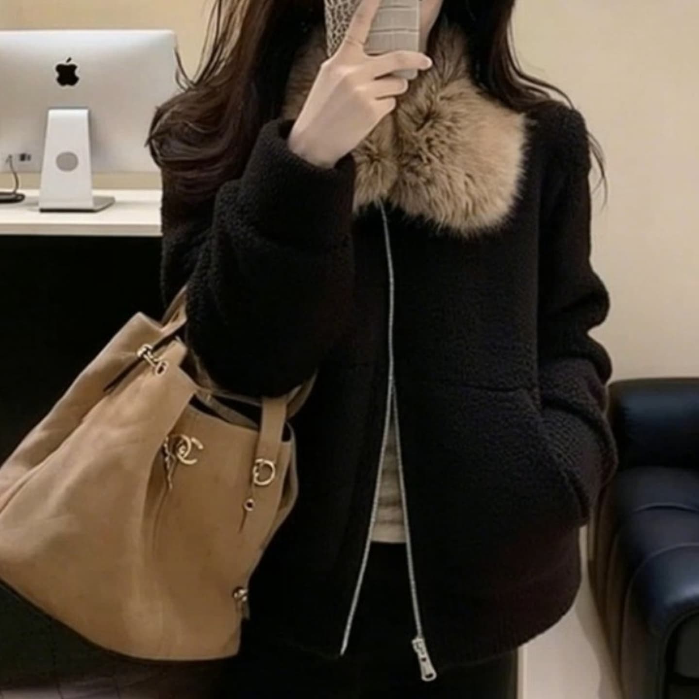 두꺼운 500 그램 양털 플리스 복합 스웨이드 큰 모피 칼라 하나 한 부서 고급 센스 검정색 모피 칼라 지퍼 재킷 이미지 5