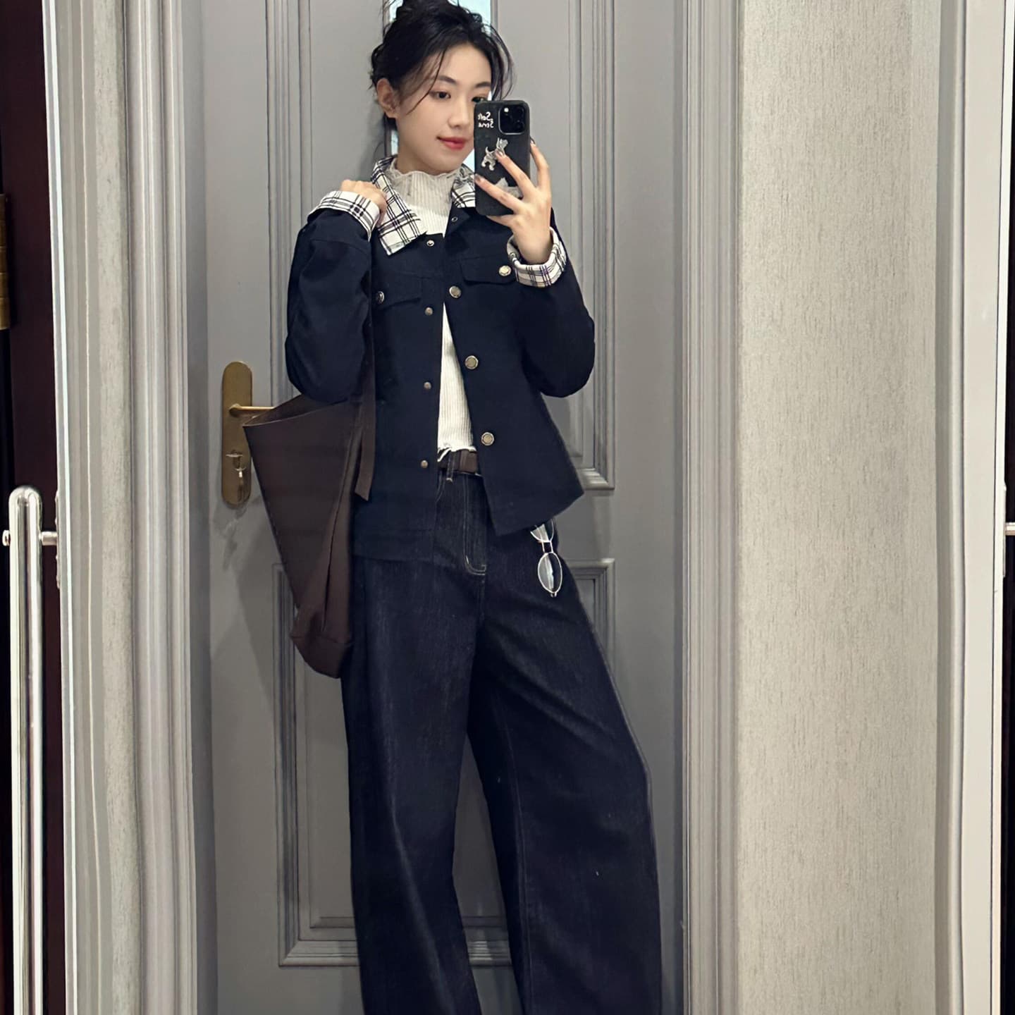 체크무늬 긴팔 여성 코트 새로운 가을 디자인 센스 캐주얼 지방 mm 슬림해 보이는 다용도 재킷 맨위 이미지 4