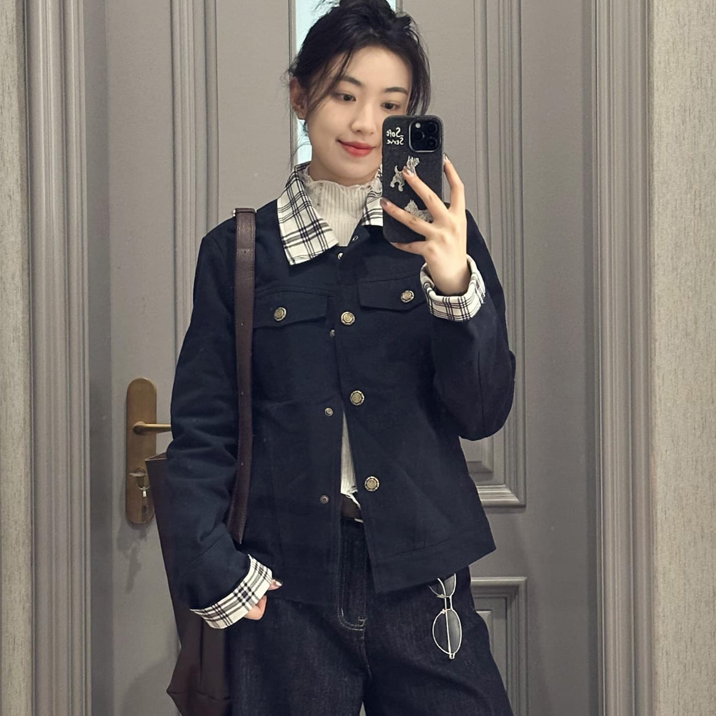 체크무늬 긴팔 여성 코트 새로운 가을 디자인 센스 캐주얼 지방 mm 슬림해 보이는 다용도 재킷 맨위 이미지 2