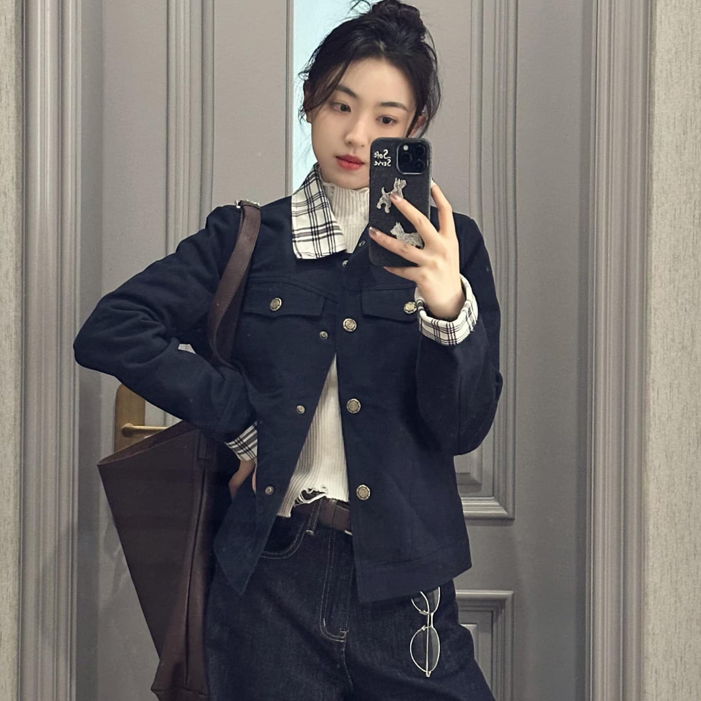 체크무늬 긴팔 여성 코트 새로운 가을 디자인 센스 캐주얼 지방 mm 슬림해 보이는 다용도 재킷 맨위