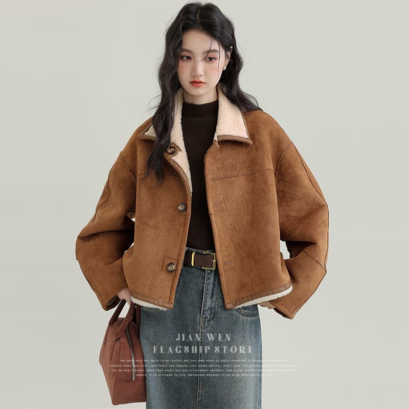 겨울 새로운 모방 스웨이드 원단 양면 착용 여성 코트 피모 하나 커피 색상 보온 폴로 칼라 재킷 오픈 가디건