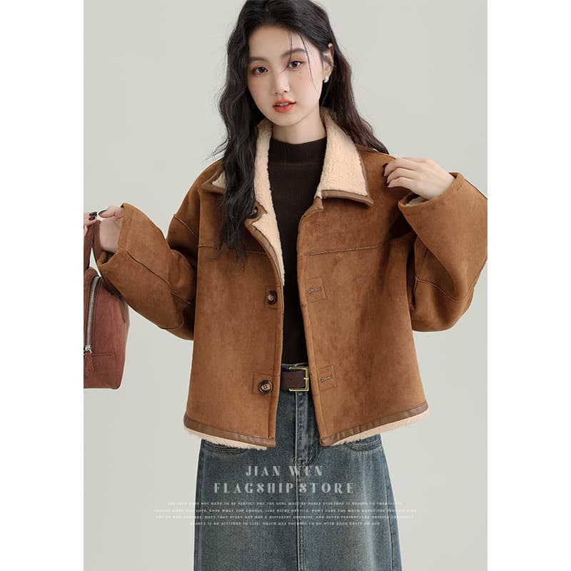 겨울 새로운 모방 스웨이드 원단 양면 착용 여성 코트 피모 하나 커피 색상 보온 폴로 칼라 재킷 오픈 가디건 이미지 4