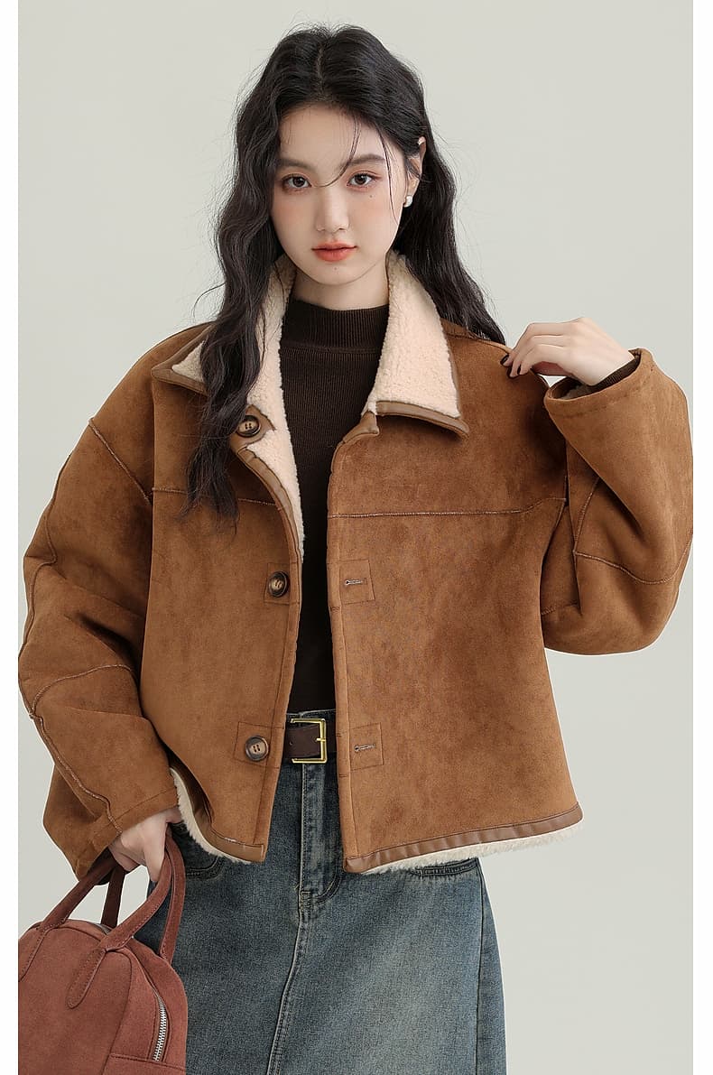 겨울 새로운 모방 스웨이드 원단 양면 착용 여성 코트 피모 하나 커피 색상 보온 폴로 칼라 재킷 오픈 가디건 상세 이미지 4