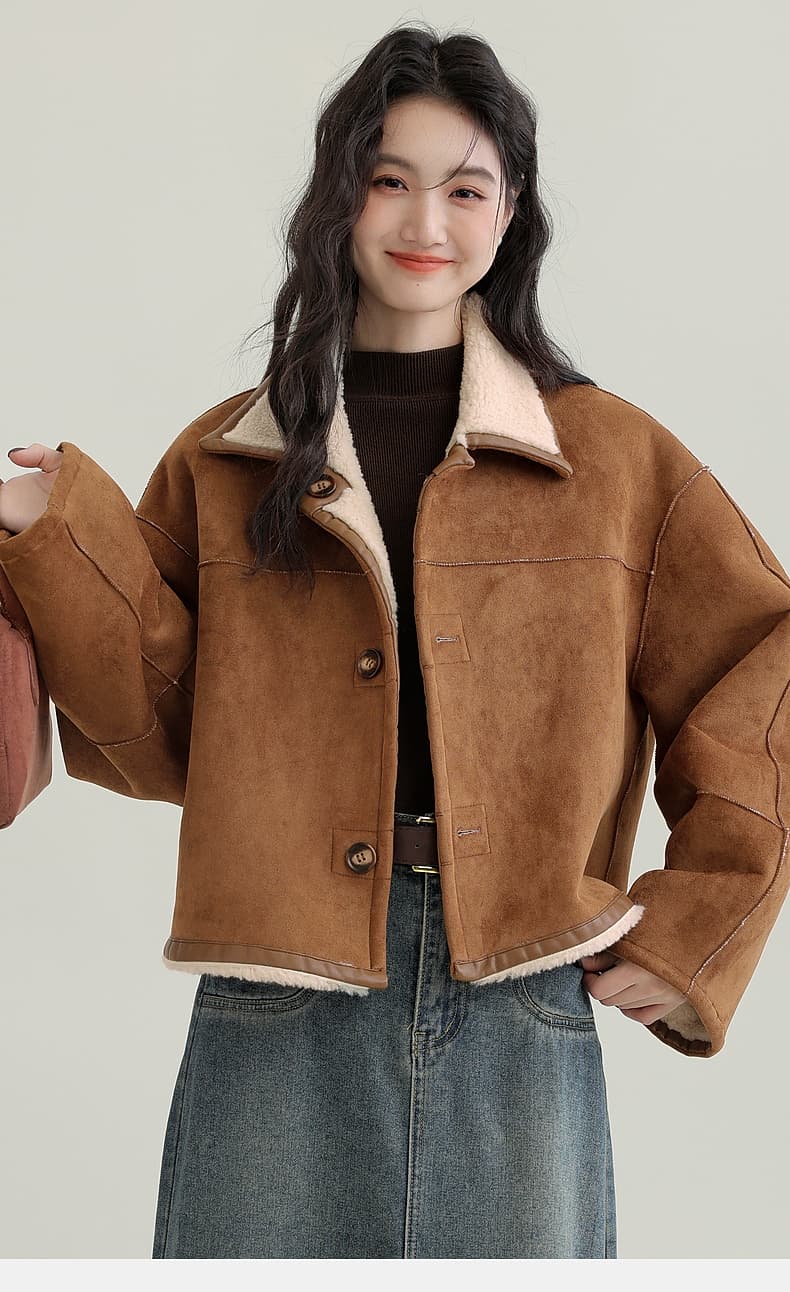 겨울 새로운 모방 스웨이드 원단 양면 착용 여성 코트 피모 하나 커피 색상 보온 폴로 칼라 재킷 오픈 가디건 상세 이미지 15
