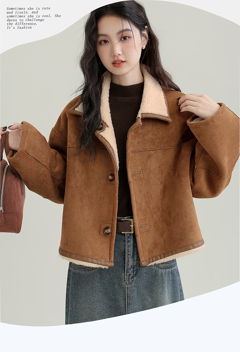 겨울 새로운 모방 스웨이드 원단 양면 착용 여성 코트 피모 하나 커피 색상 보온 폴로 칼라 재킷 오픈 가디건 상세 이미지 16