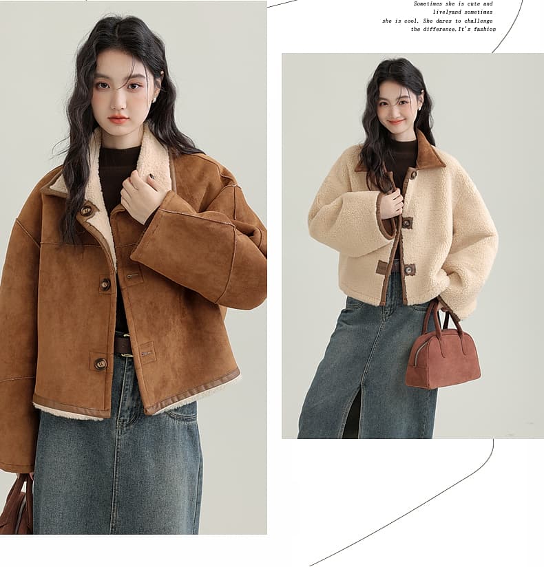 겨울 새로운 모방 스웨이드 원단 양면 착용 여성 코트 피모 하나 커피 색상 보온 폴로 칼라 재킷 오픈 가디건 상세 이미지 20