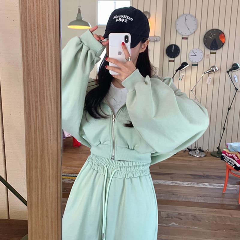 한국 chic 가을 작은 대중 품격 후드 긴팔 쇼트 스타일 후드티 하이웨이스트 레이스업 다용도 넓은 다리 캐주얼 바지 이미지 4