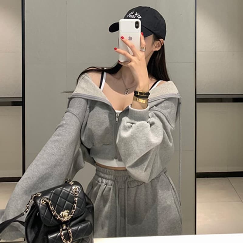 한국 chic 가을 작은 대중 품격 후드 긴팔 쇼트 스타일 후드티 하이웨이스트 레이스업 다용도 넓은 다리 캐주얼 바지 상세 이미지 22