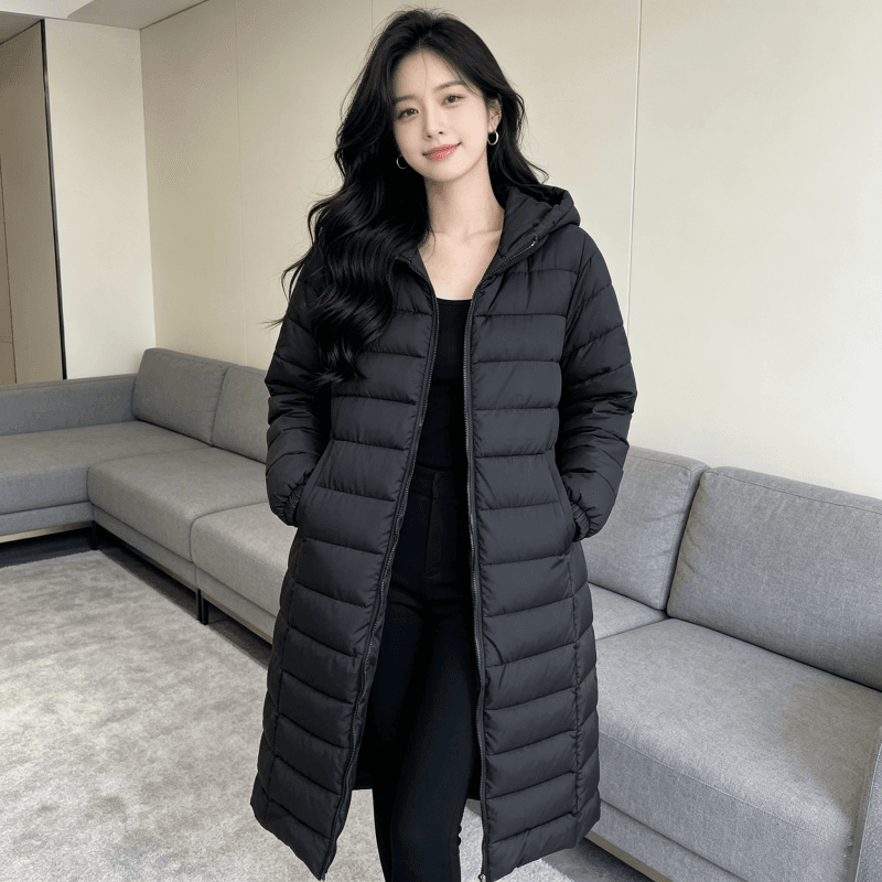 2026 새로운 한국 동대문 한국 스타일 루즈핏 얇고 가벼운 다운 재킷 여자 중간 롱 코트 면 옷 재킷 슬림해 보이는 후드 상세 이미지 22