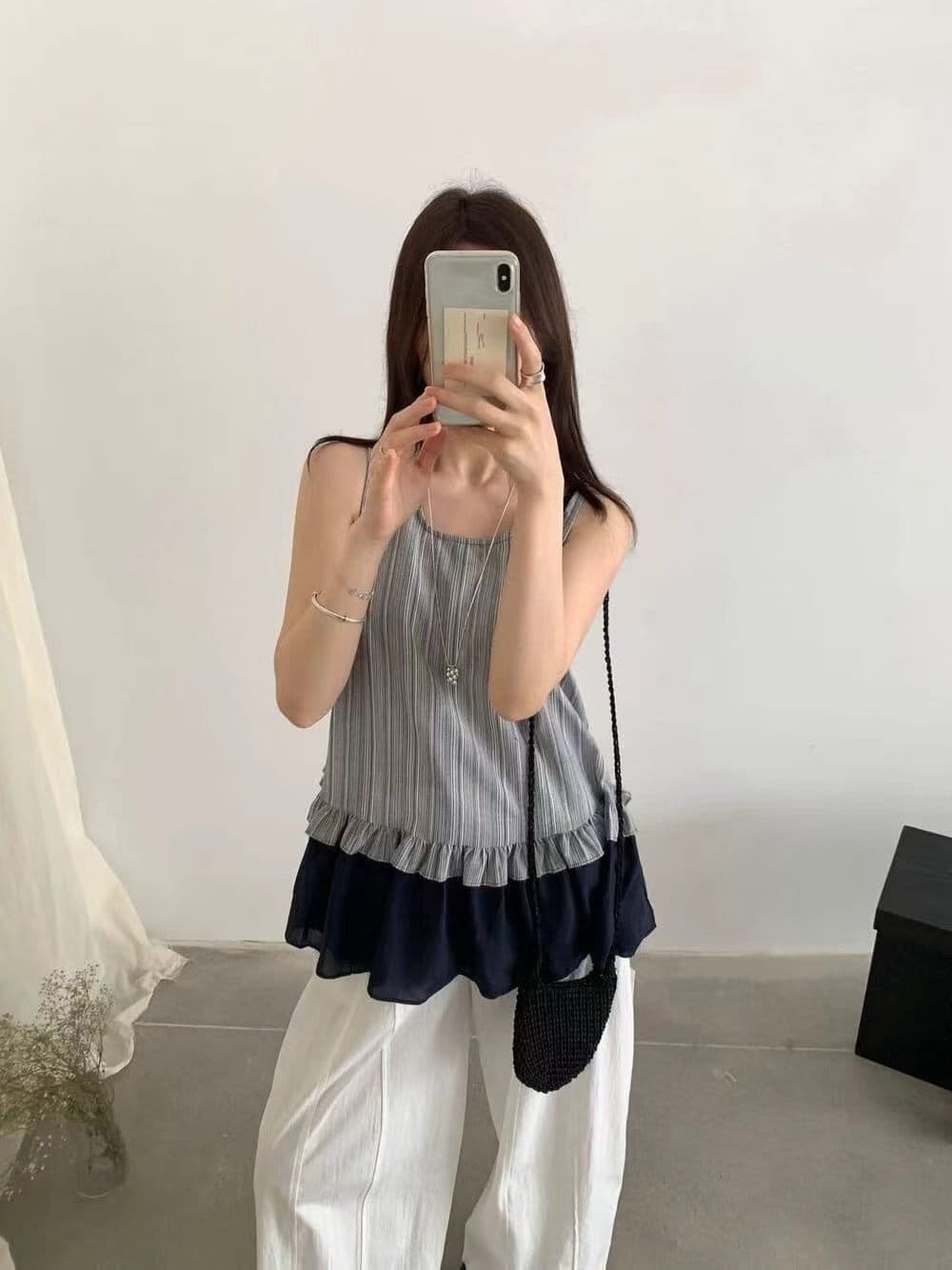 한 부서 캐주얼 다용도 패치워크 색상 프릴 스트라이프 조끼 상세 이미지 2