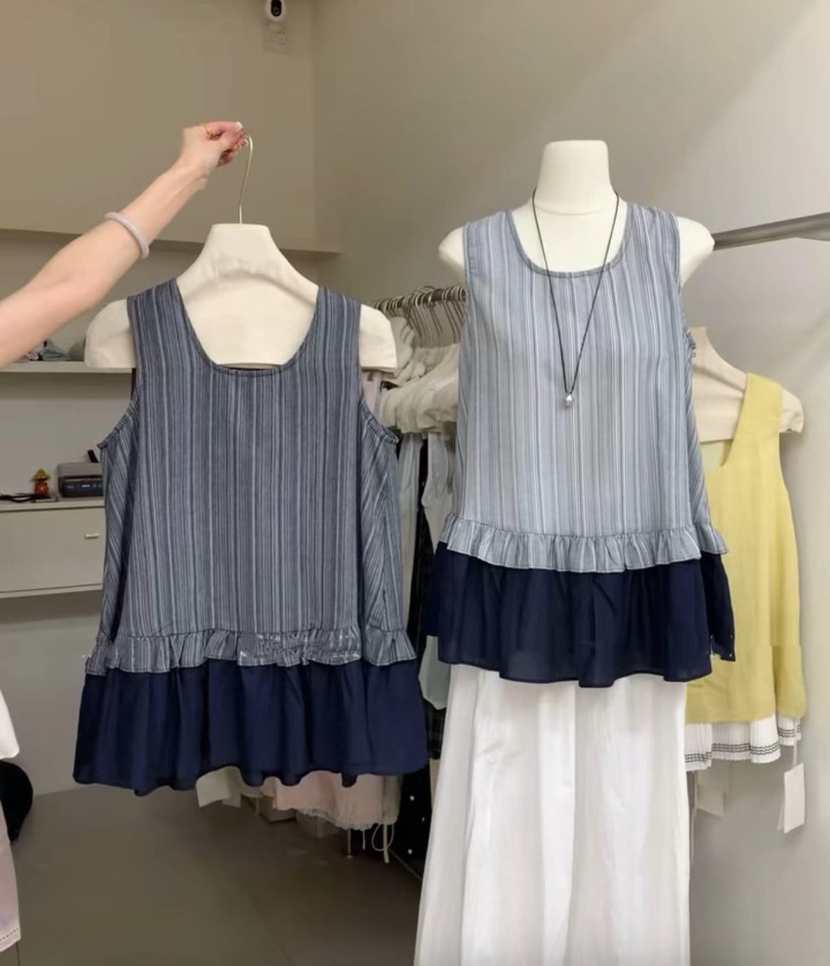 한 부서 캐주얼 다용도 패치워크 색상 프릴 스트라이프 조끼 상세 이미지 7
