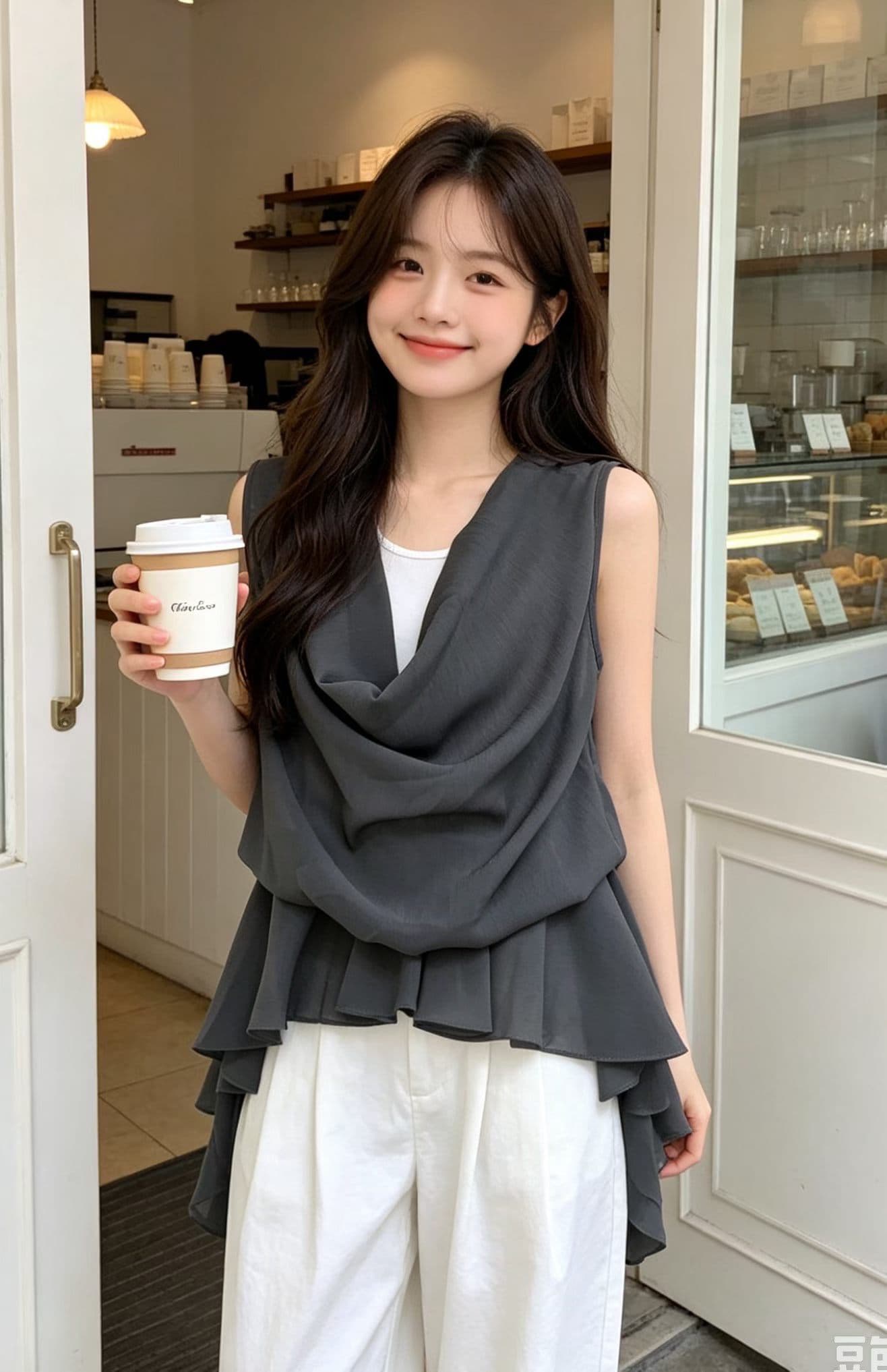 한 부서 개성 캐주얼 다용도 페이크 레이어드 물결무늬 측면에 의류 상세 이미지 3