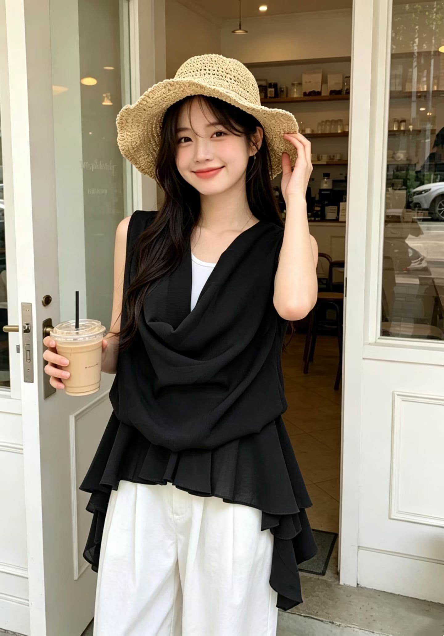 한 부서 개성 캐주얼 다용도 페이크 레이어드 물결무늬 측면에 의류 상세 이미지 5