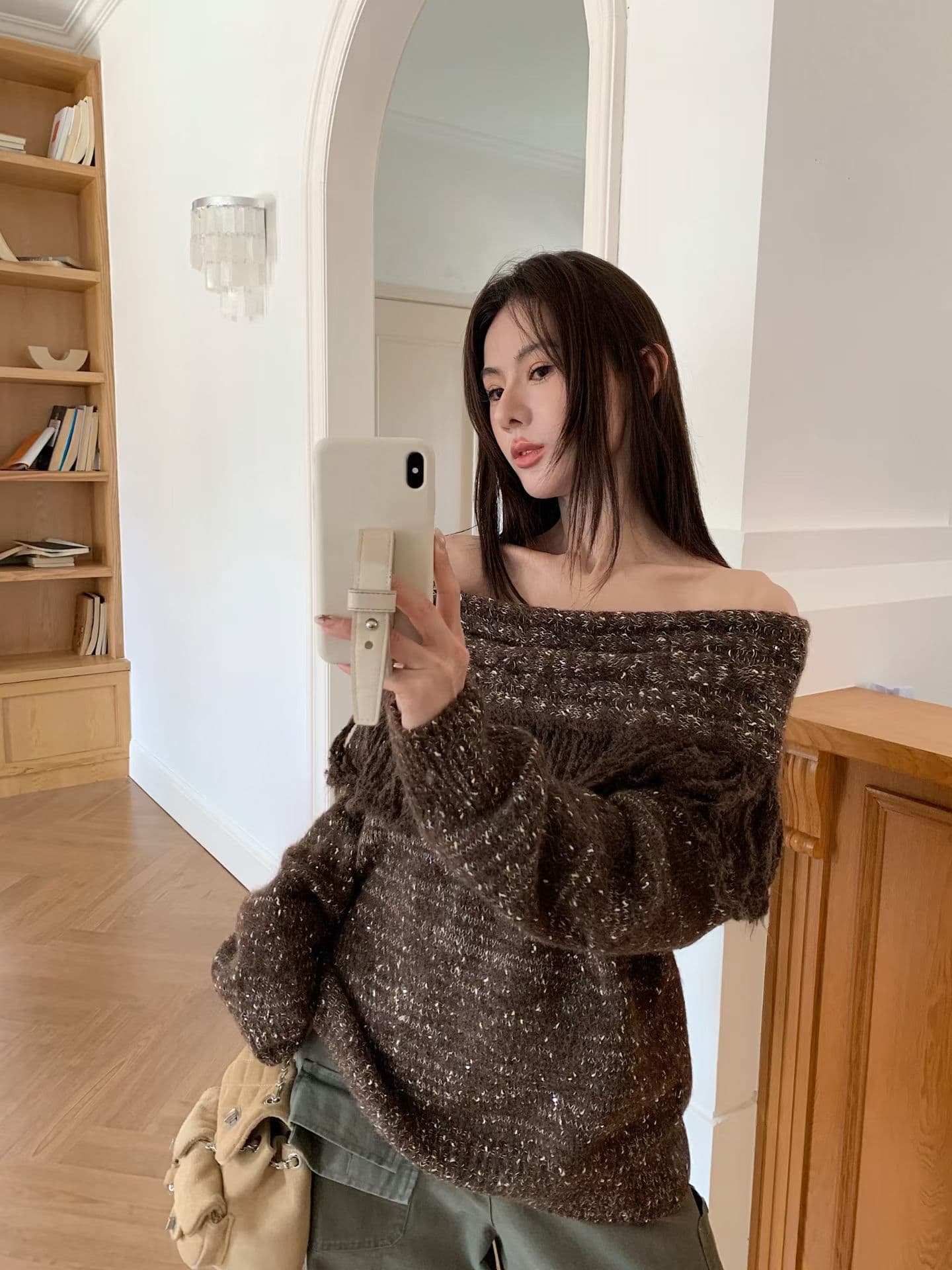 한 부서 캐주얼 다용도 술 배색 오프숄더 니트 풀오버 상세 이미지 1