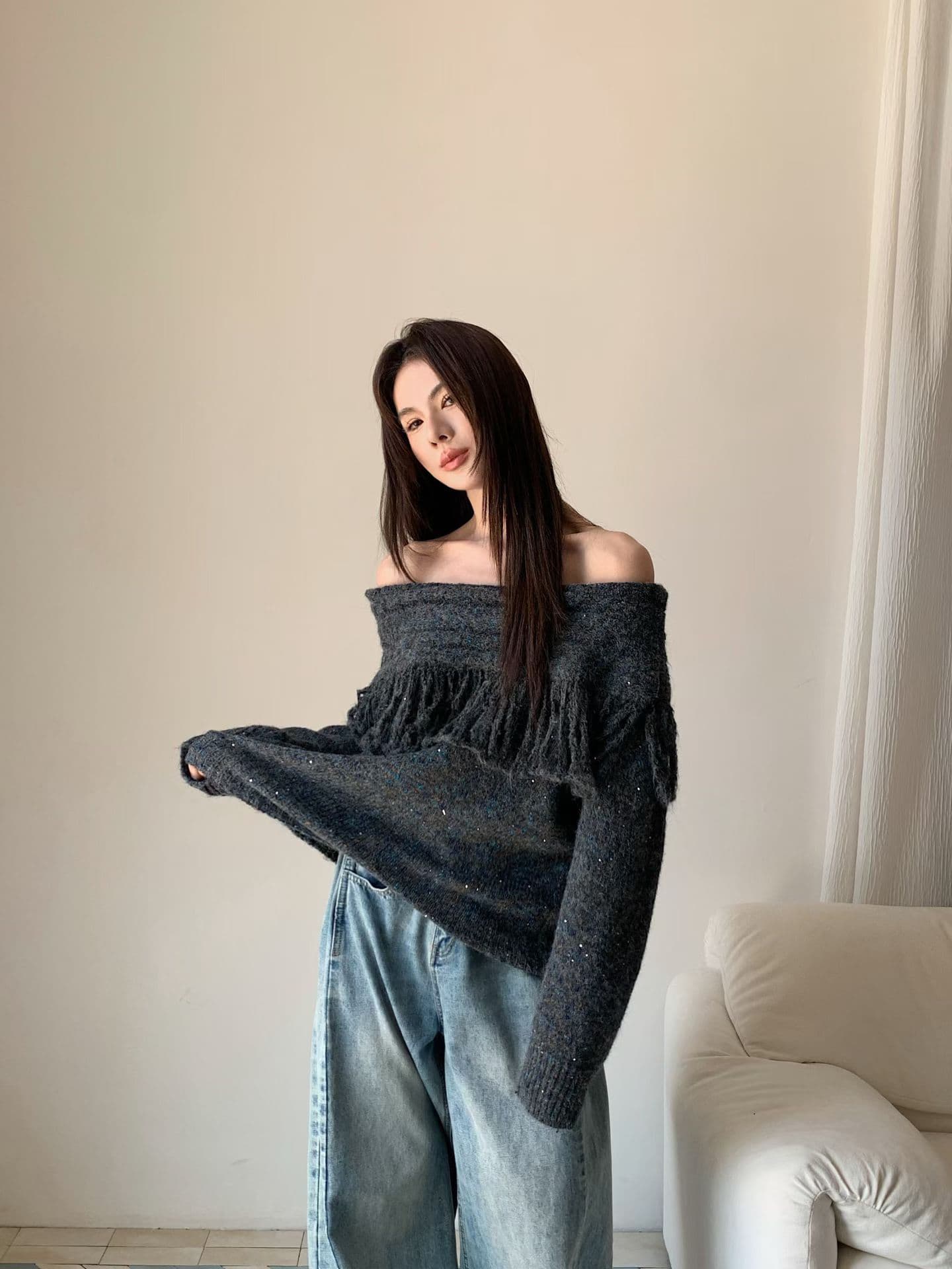 한 부서 캐주얼 다용도 술 배색 오프숄더 니트 풀오버 상세 이미지 3
